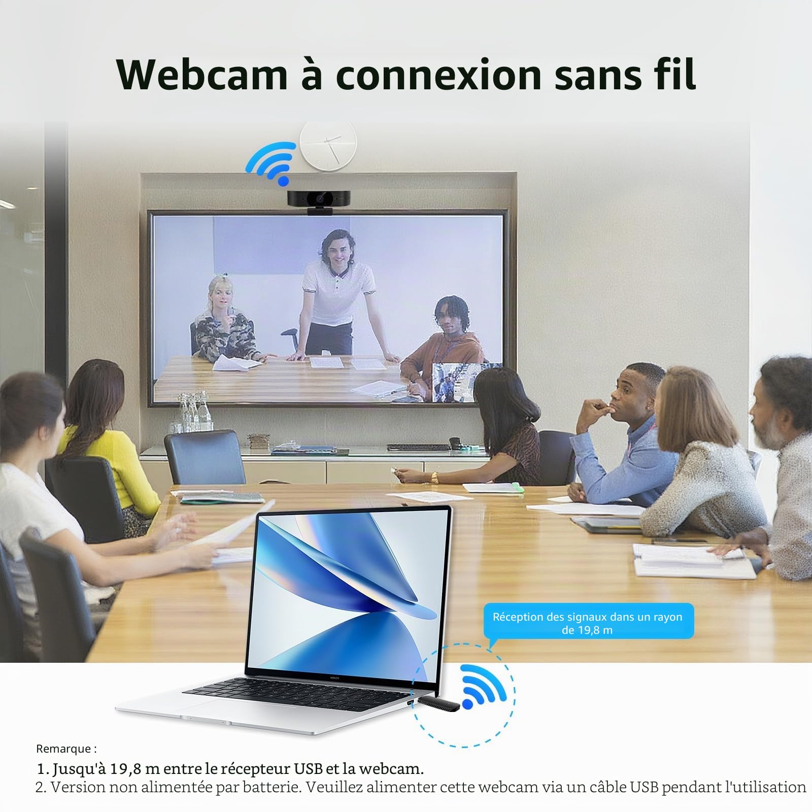 Webcam sans fil 1080p pour PC, webcam avec micro antibruit, alimentation