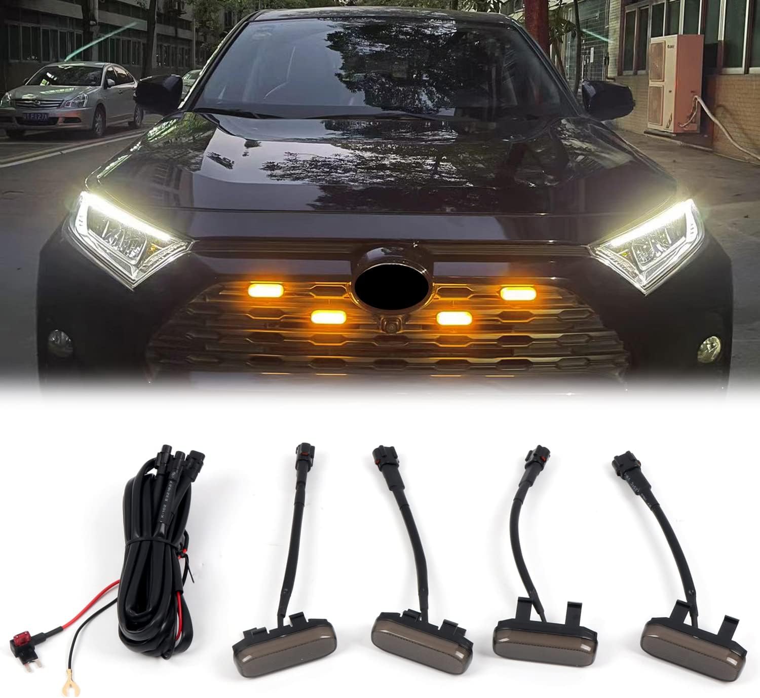 HIGH FLYING for Toyota RAV4 2019-2025 Car Accessories Front Center Grille Insert LED Lights ABS 4pcs Smoked Lense (Not Suitable For Prime & Adventure)