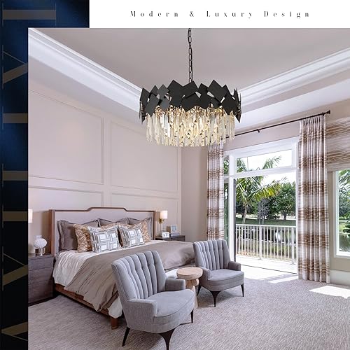 Miniatura 9 de Candelabros modernos de cristal de 24 pulgadas, lámpara redonda negra de lujo K9, lámpara de techo de cristal de tambor empotrado, lámpara