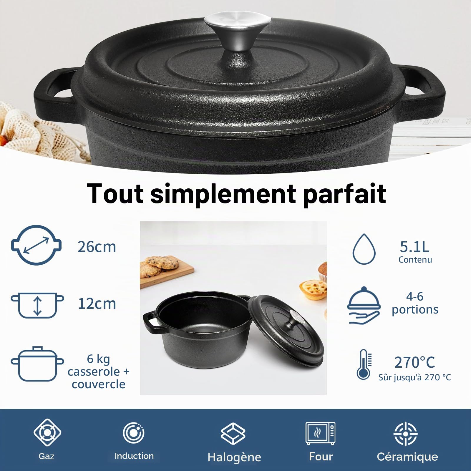 Cocotte en fonte - 26 cm - 5,1 l - Avec couvercle - Induction - Pour la cuisine - Noir