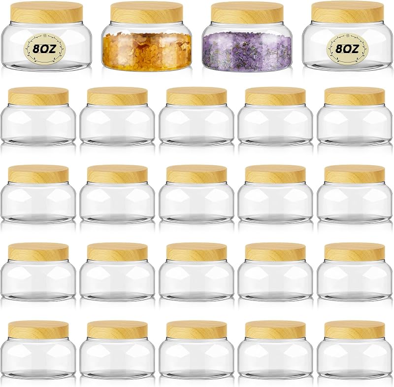24 Frascos Cosméticos Recarregáveis de Plástico PET com Tampas e Etiquetas, 240 mL, Transparente e Light Beech