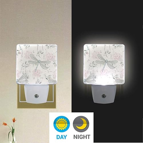 Miniatura 5 de Lámpara de noche LED enchufable con sensor de luz, libélulas florales grungy, luz blanca, paquete de 2 unidades, para pasillo, baño, dormitorio y
