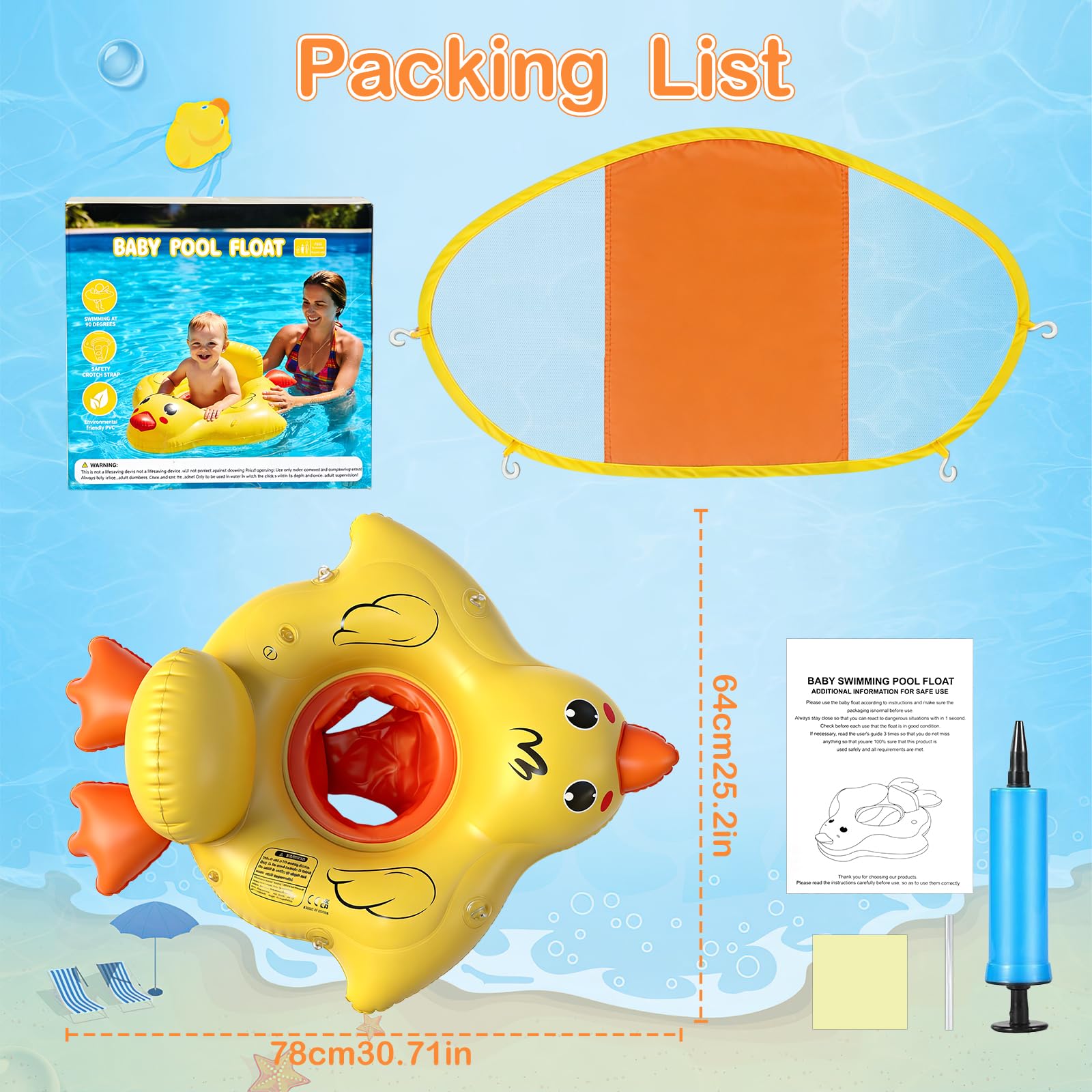 Qingning Galleggiante Neonato con Parasole Rimovibile, Anatra Salvagente Gonfiabile con Sedile di Sicurezza per Bambini, Galleggianti da Piscina Baby con Protezione Solare, Salvagente per Neonati