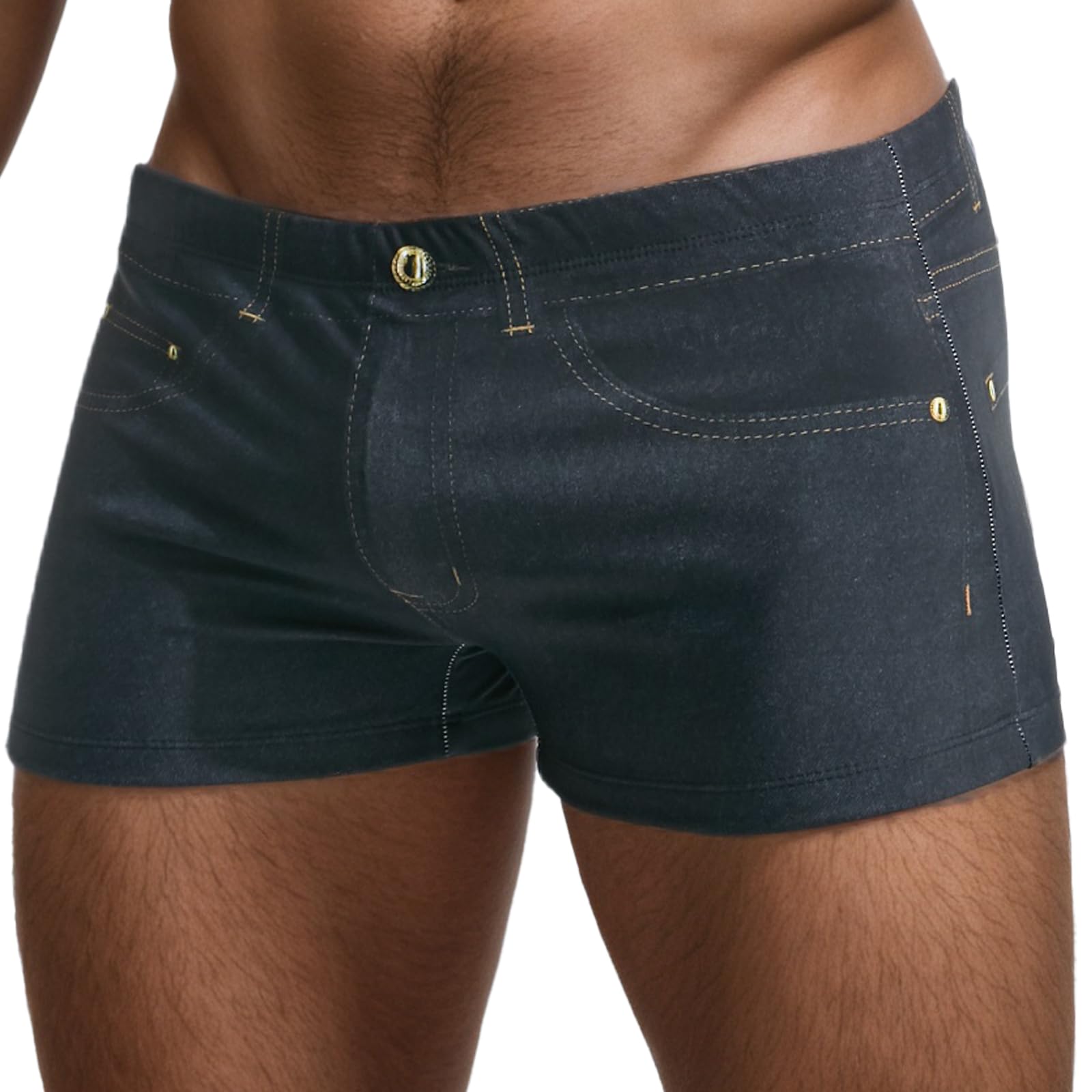 PINKY SENSON Men's Square Leg Swim Trunks Realistic 3D Denim Print Swimwear Jammers Stretch Lightweight for Water Sports