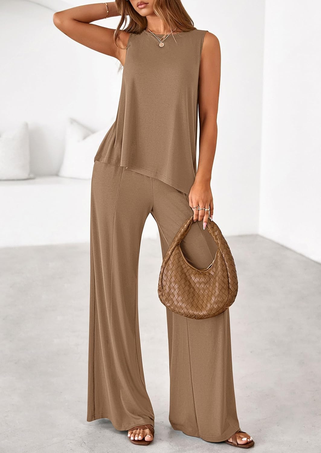 PRETTYGARDEN Women's 2026 Two Piece Matching Lounge Sets Asymmetrical Split Tank Tops Wide Leg Pants Summer Outfits Tracksuit - Image 3