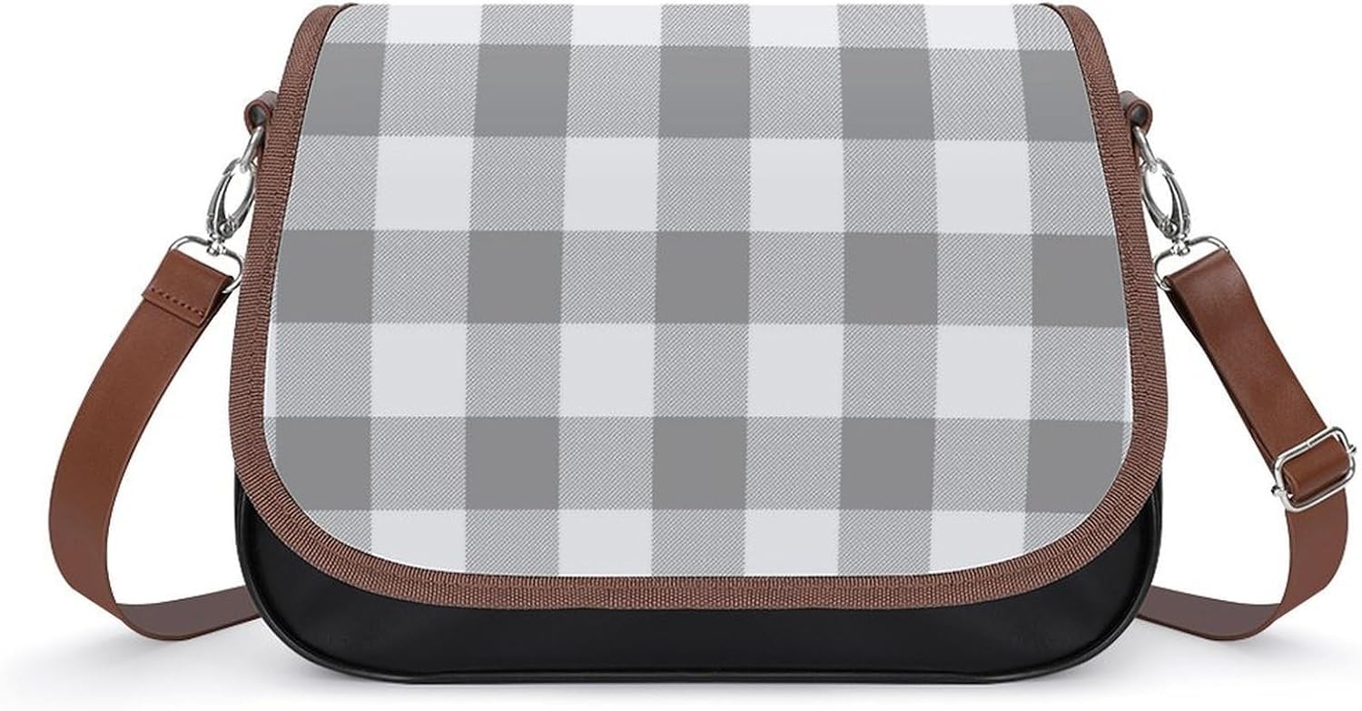 Farmhouse Buffalo Check Plaid Neutral Gray WhiteWomen's Faux Leather Crossbody Bag, Waterproof Wrinkle-Resistant Shoulder Bag with Detachable Strap, Large Capacity Casual Handbag, Fashion Daily Purse