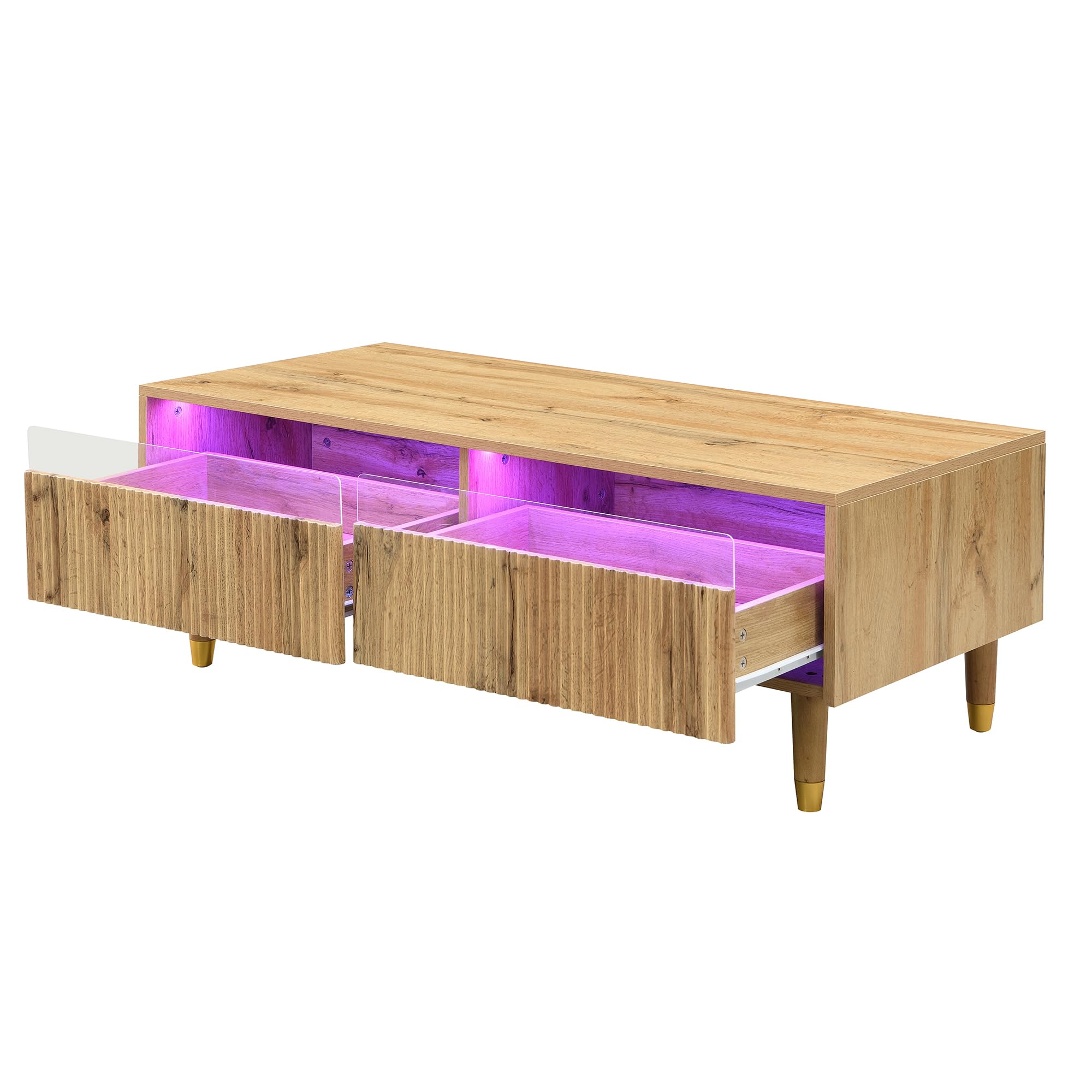 MURUL Mesa de centro moderna con cajón ondulado, patas de madera dorada, dos cajones