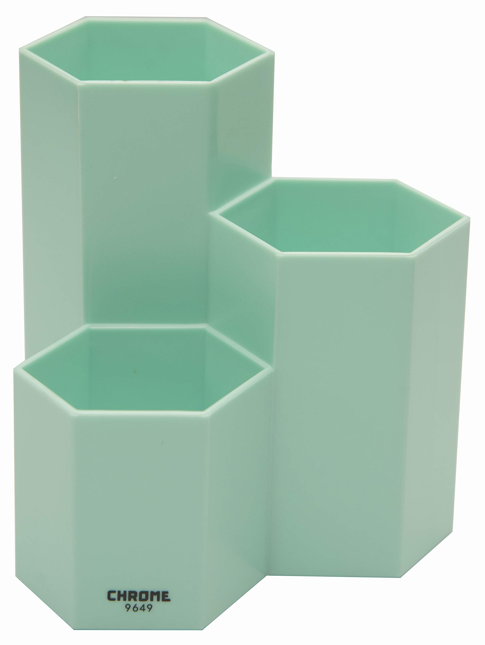 Chrome Stationery 3 Compartments Hexa Hexagon Shape Plastic Pen Stand, Pencil Holder, Green for Office Work Desk