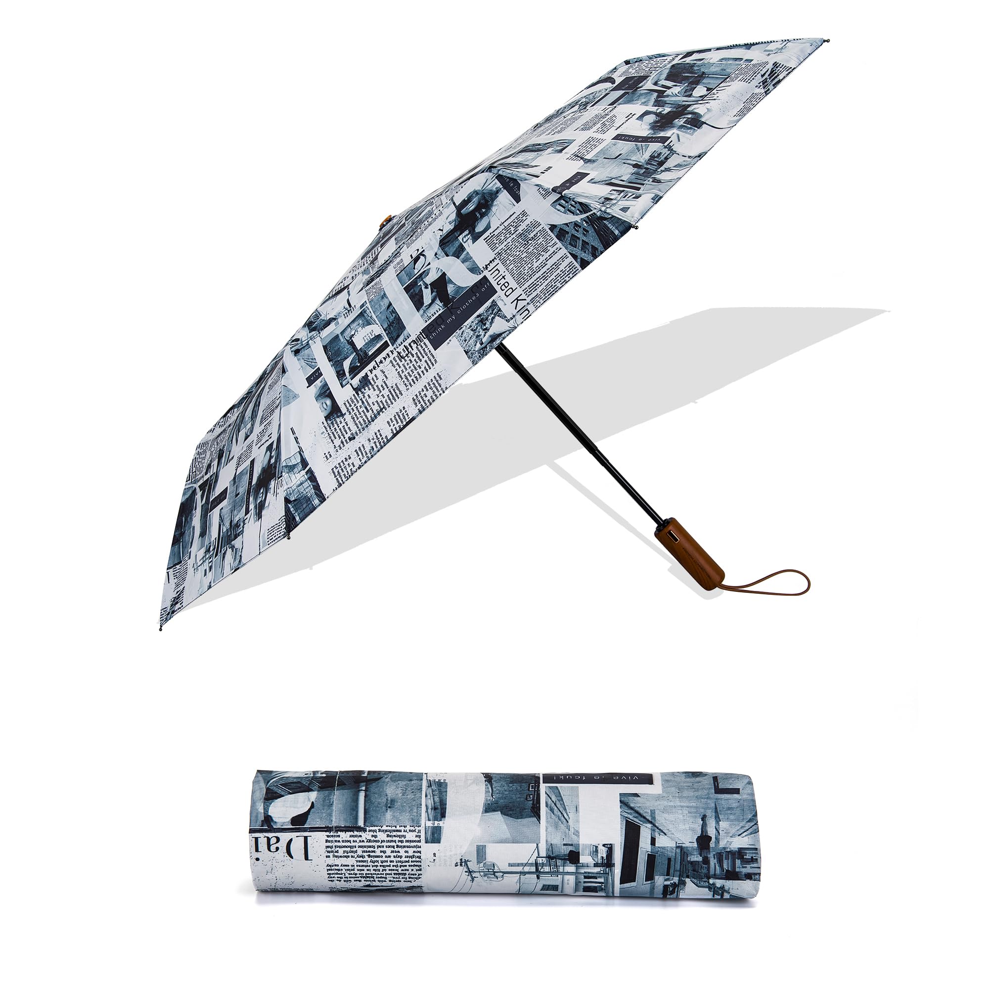 Folding Umbrella for Men & Women, Auto Open & Close, Lightweight Compact Design, 37 Inch Water Resistant Canopy, Portable Travel for Rain & Sun, Newspaper Print - FCRUM02PRNT-image-6