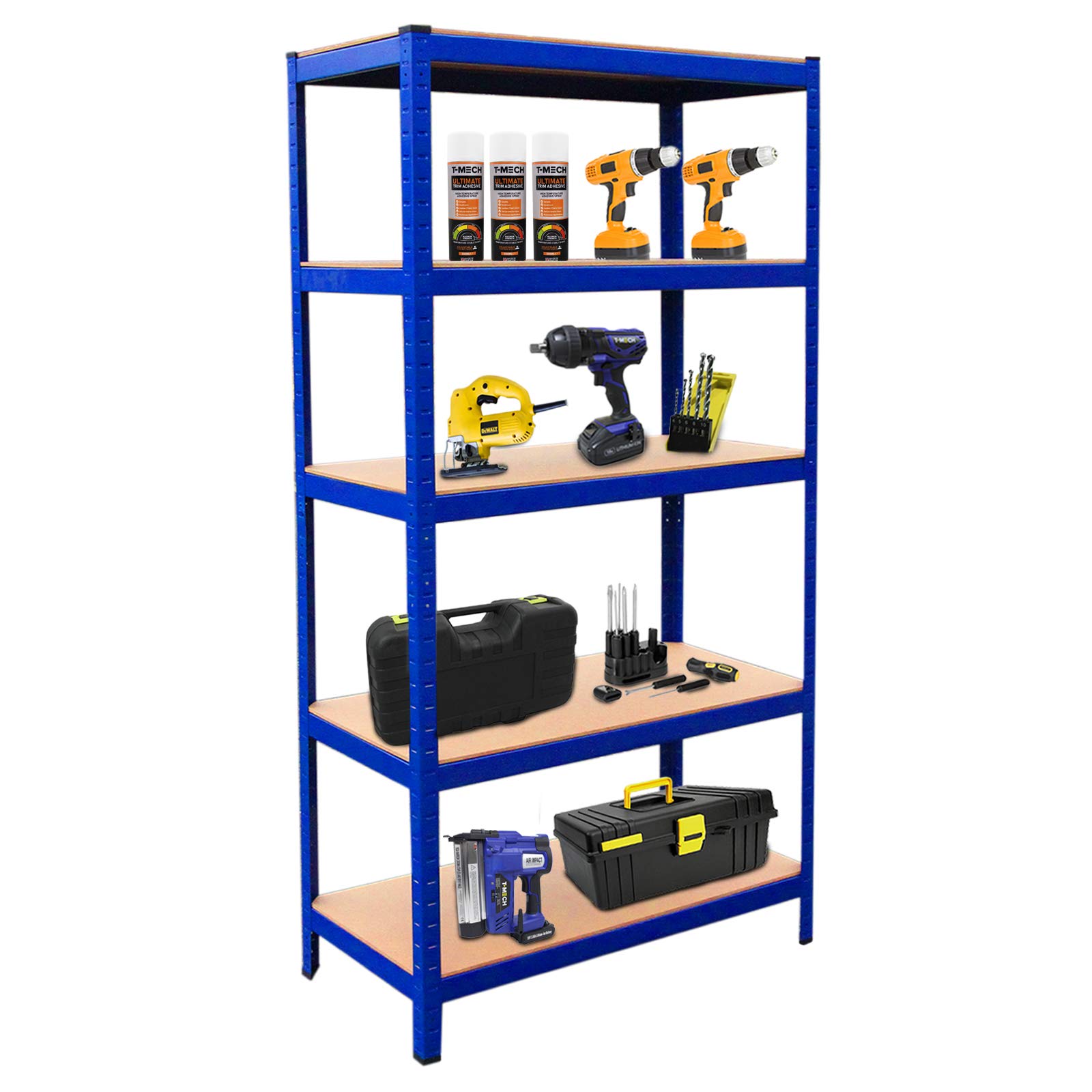 Monster Racking - 4 Scaffali T-Rax & Banco da Lavoro Q-Rax in Acciaio Senza Bulloni Blu tavolo da lavoro Scaffalature per Garages e Magazzino