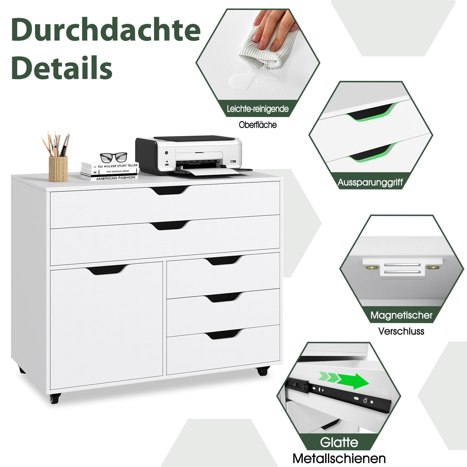 COSTWAY Rollcontainer mit 5 Schubladen & Schrank, mobiler Aktenschrank mit Rollen, Schubladenschrank mit Arbeitsplatte, Rollwagen Bürocontainer aus Holz für Zuhause, Büro, Weiß