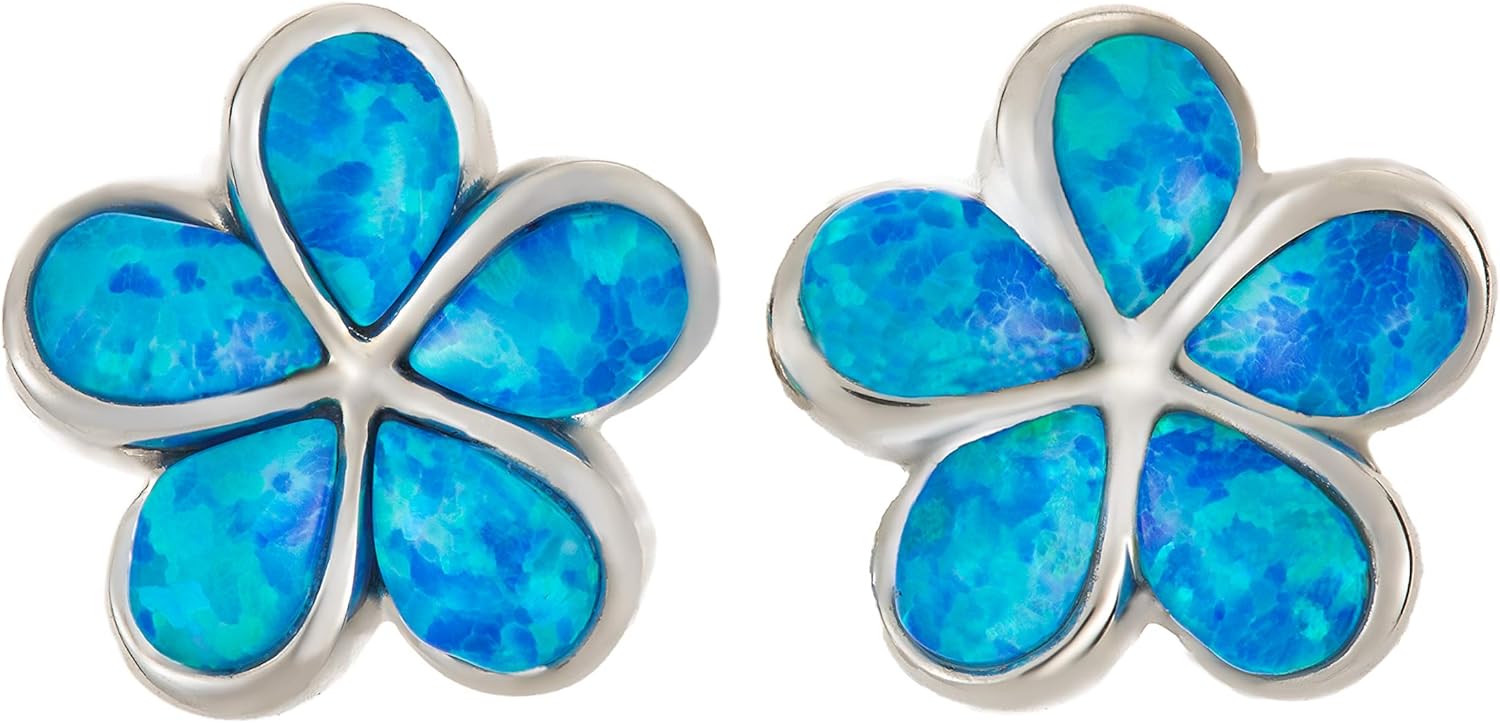 925 Sterling Silver Created Opal Hawaiian Plumeria Flower Stud Earrings, Nickel Free Hypoallergenic for Sensitive Skin, Rhodium Finished, Gift Box Included