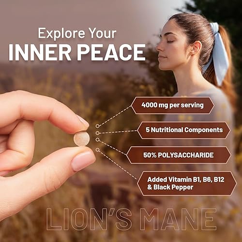 Miniatura 4 de Suplemento de hongos de melena de Leones de 4000 mg con vitamina B1, B6, B12 y pimienta negra, 180 tabletas veganas súper fuertes con 50%
