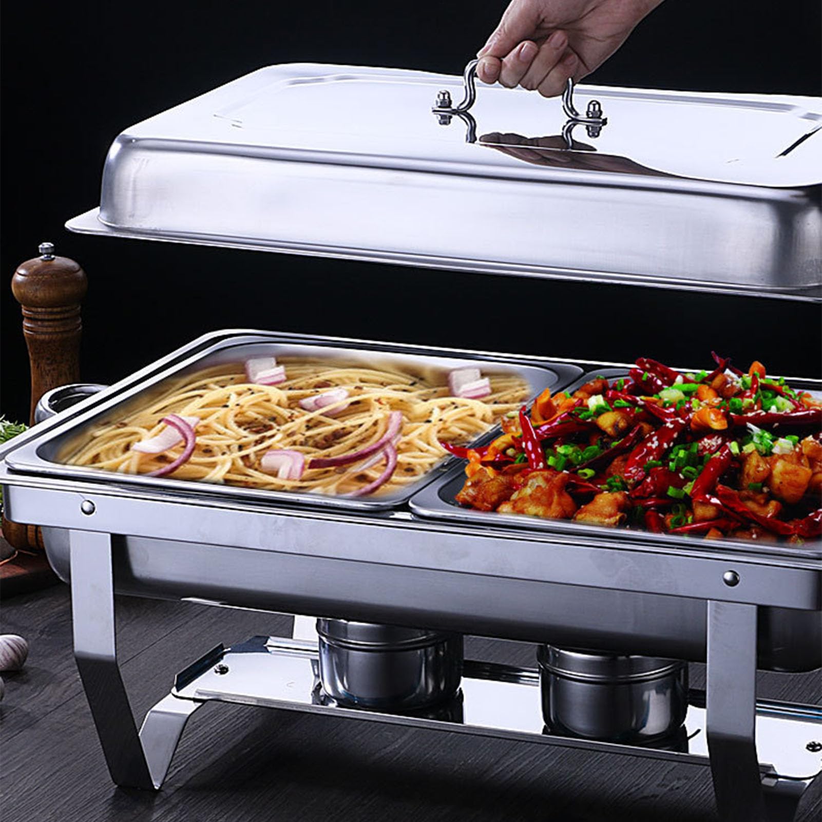 Brrnoo Juego de Calentador de Catering de Acero Inoxidable de 9 Cuartos, Plato de Buffet con Bandeja Completa Plegable y Soporte de para Fiestas, Bodas, Eventos Al Aire Libre (Cuadrícula doble)