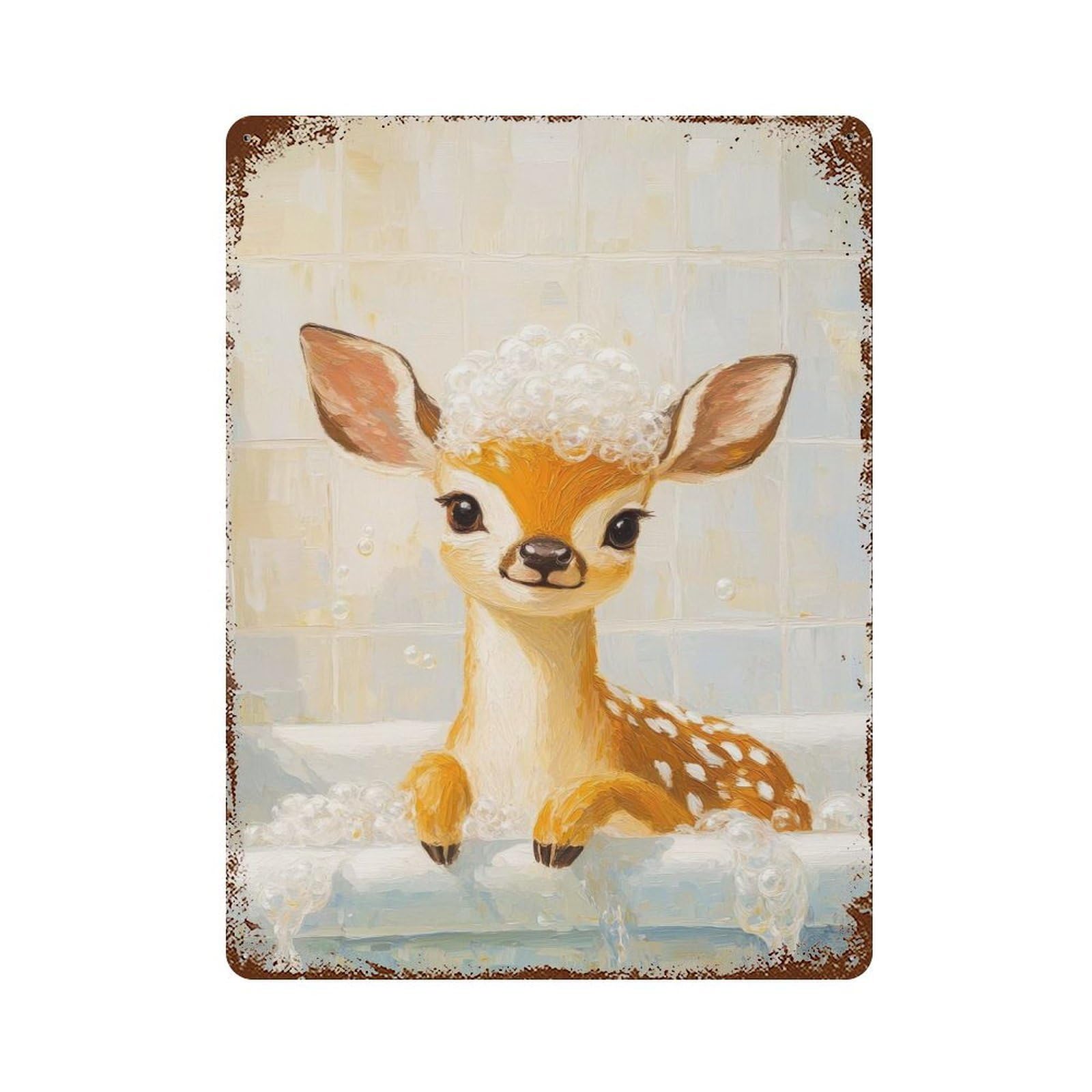 Garage Style Fawn in A Bubble Bath Aged Metal Wall Plaque 15.7"x11.8", Farmhouse Wall Decor for Bar And Workshop