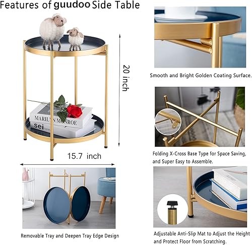 Miniatura 3 de Guudoo Mesa auxiliar plegable de 2 niveles, mesa auxiliar redonda de metal impermeable junto a la mesa, mesa auxiliar decorativa para sala de estar,