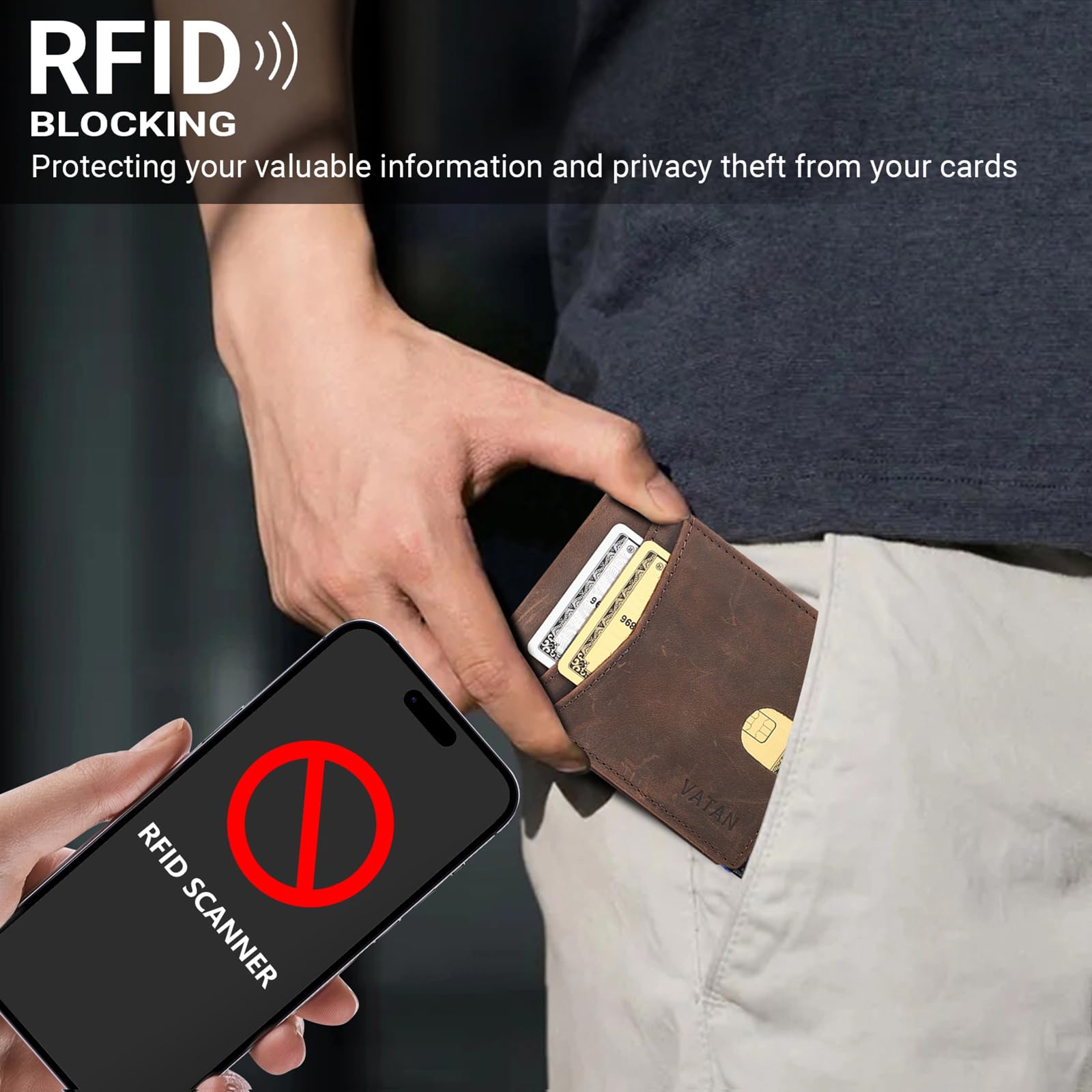 VATAN Portfel dla mężczyzn, męski minimalistyczny portfel etui na karty kredytowe, wąska skóra RFID 2 okienko identyfikacyjne duża pojemność z pudełkiem prezentowym, CH Kawa, One Size, Minimalistyczny