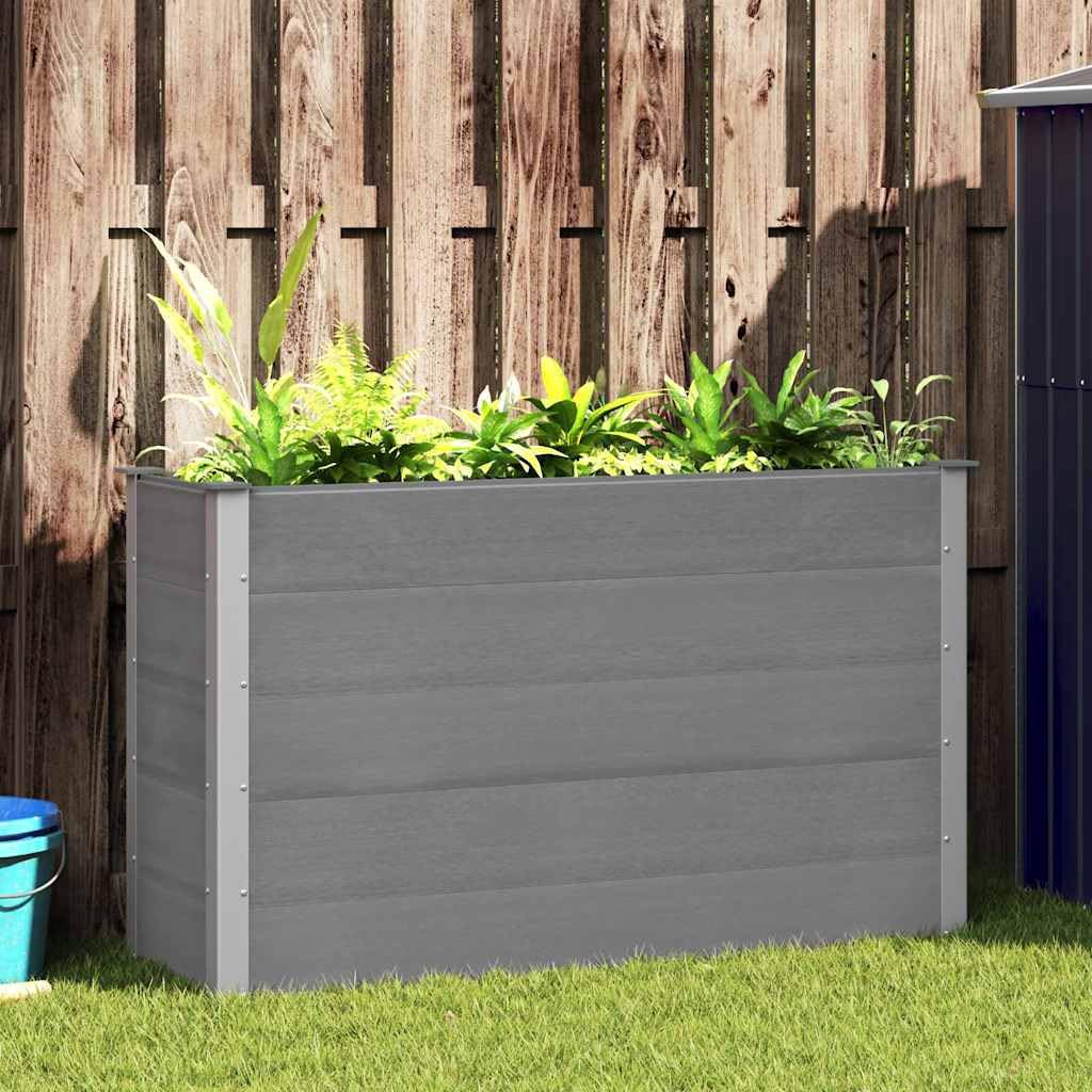 Podwyższona donica ogrodowa WPC 150x50x91 cm szara podwyższony ogród drewniano-plastikowy podestowy kwietnik z aluminium wysoka skrzynia na rośliny na taras balkon łatwy montaż