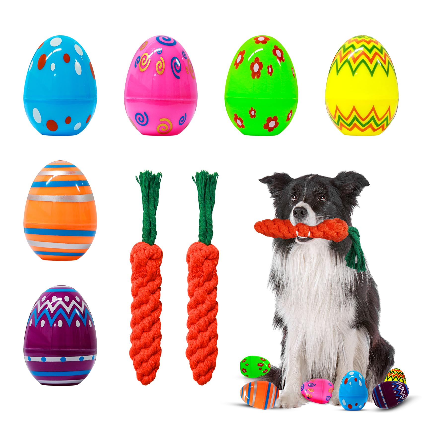 8PCS Carrot Dog Toy Set - 2 Durable Carrot Rope Chew Toys and 6 Sniff Training Eggs, Interactive Puppy Toys for Small/Medium/Large Dogs, Easter Gift Supplies with Treat Pockets (Colorful Design)