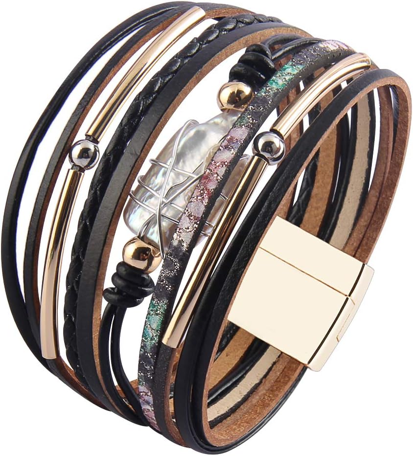 GelConnie Leather Cuff Bracelet Baroque Pearl Wrap Bracelet Gorgeous Gold Tube Bangle Boho Bracelet Bohemian Wristband Jewelry Gift for Women Wife - Image 4