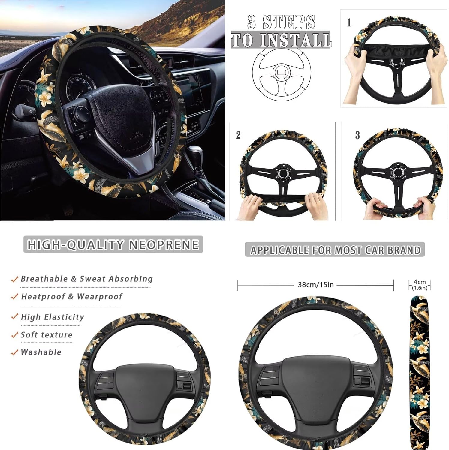 Sea Turtle Tropical Floral Print Car Seat Covers Full Set,Universal Car Steering Wheel Cover/Armrest Cover/Seatbelt Covers/Coasters/Lip Holder/Keychains