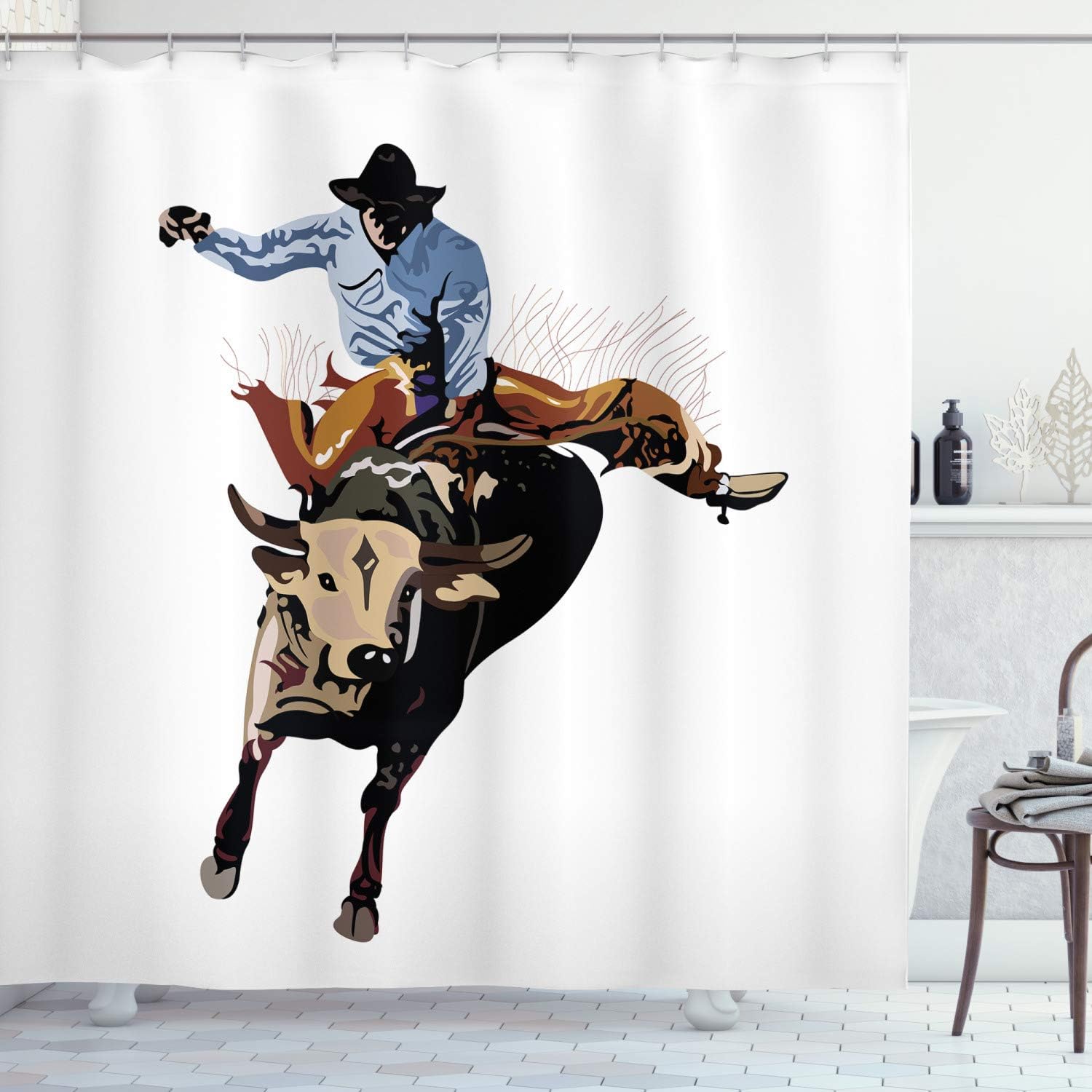 Ambesonne Rodeo Shower Curtain, Yea Haw Cowboy Bucking Bull Western Sports American Graphic, Cloth Fabric Bathroom Decor Set with Hooks, 69" W x 70" L, Rust Beige