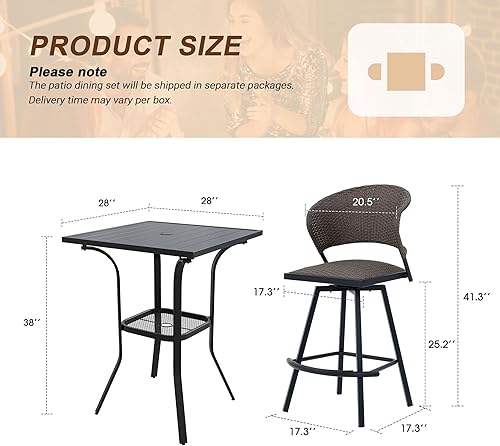 Miniatura 7 de VICLLAX Juego de barra para patio de 3 piezas, mesa cuadrada de altura de barra de 28 pulgadas con agujero para sombrilla y 2 sillas giratorias de