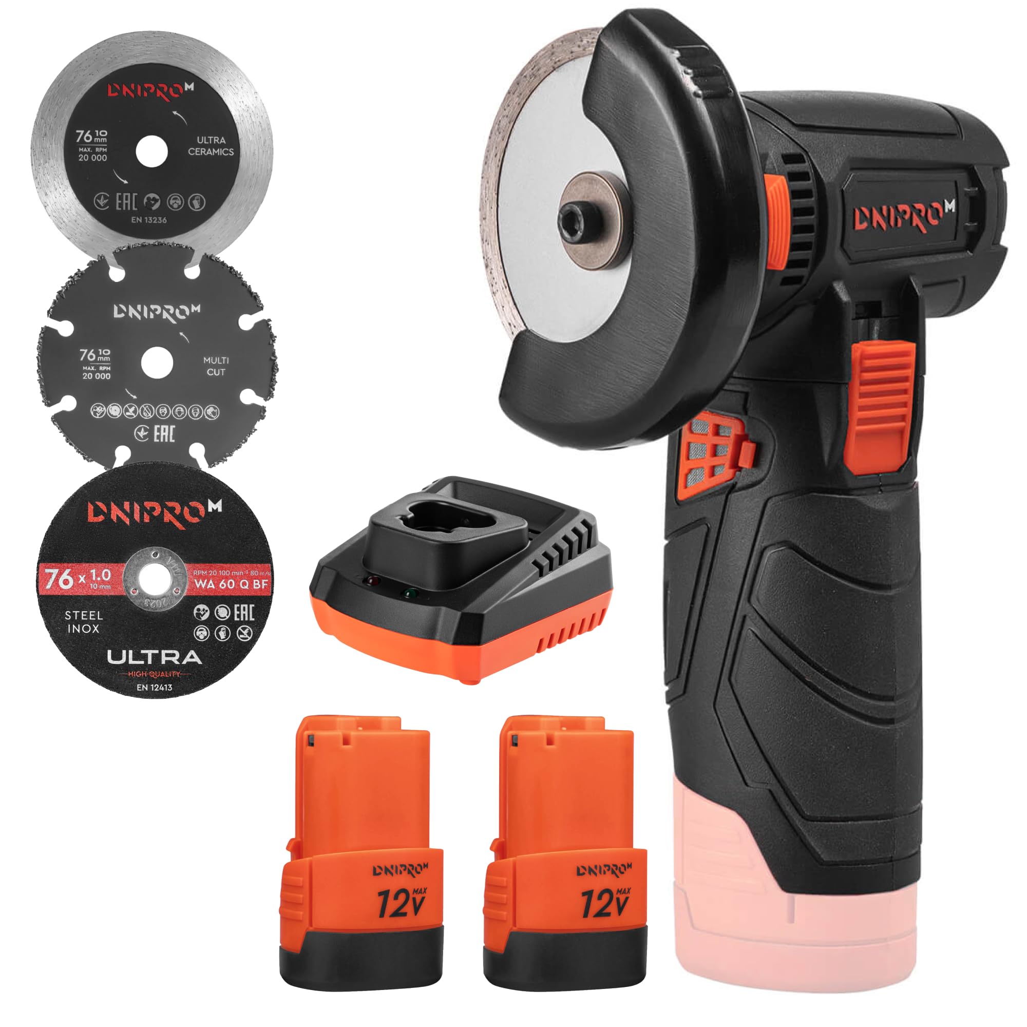 Mini Smerigliatrice Angolare a Batteria 12V, 76mm. Motore Senza Spazzole, 18500 rpm, per Taglio, Lucidatura e Levigatura. Include 2 batterie 2Ah, caricatore e 7 dischi. CG-12BC Ultra