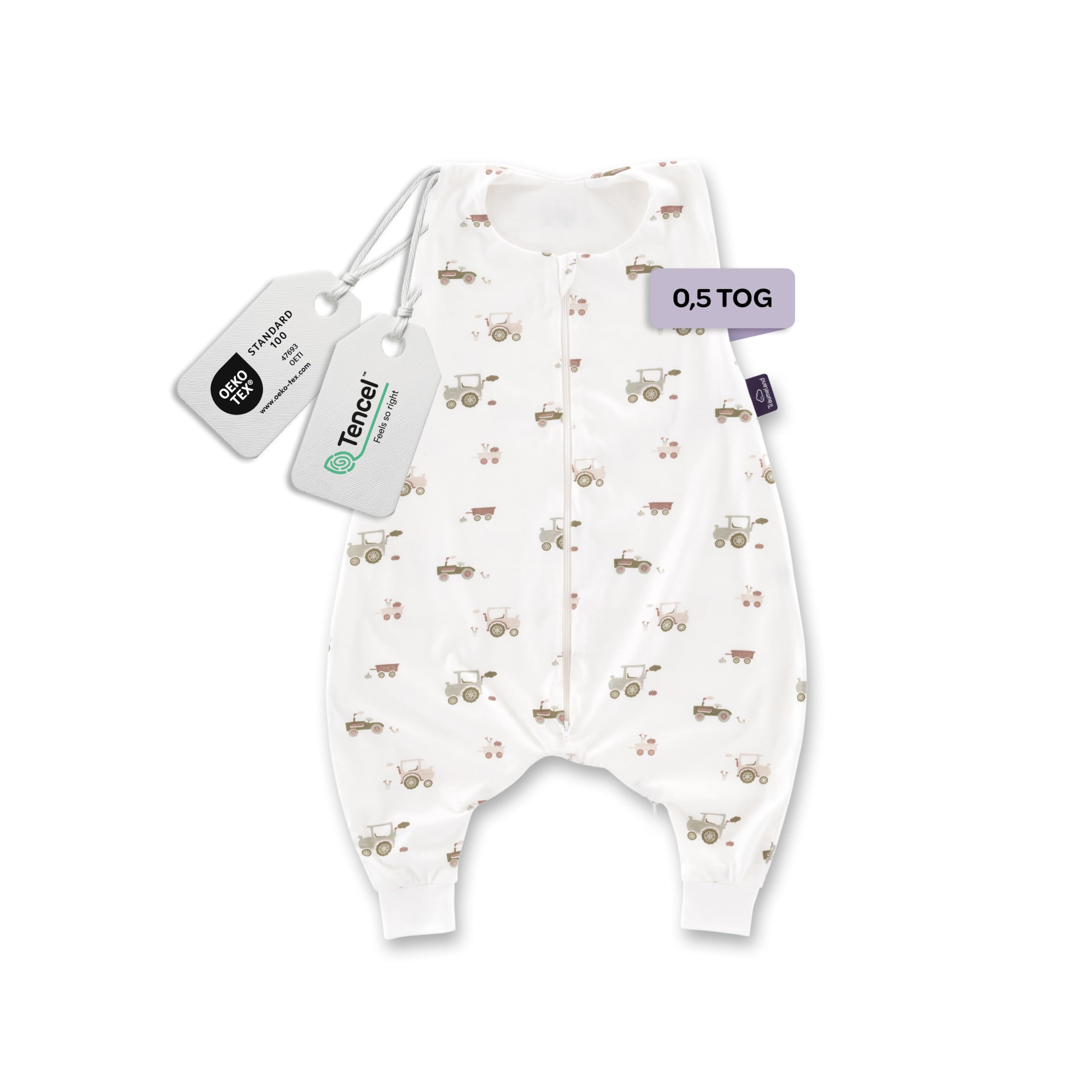 TRÄUMELAND Baby Schlafsack mit Füßen 0.5 TOG Little Farm grün, Sommerschlafanzug, leichter atmungsaktiver Babyschlafsack, Öko-Tex 100 zertifiziert Baby