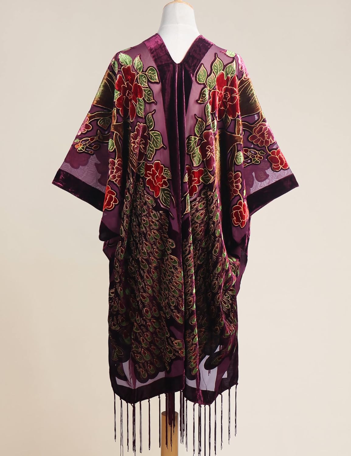 Women's Burnout Velvet Robe Cover Up Handmade Fringe Kimono - Image 4