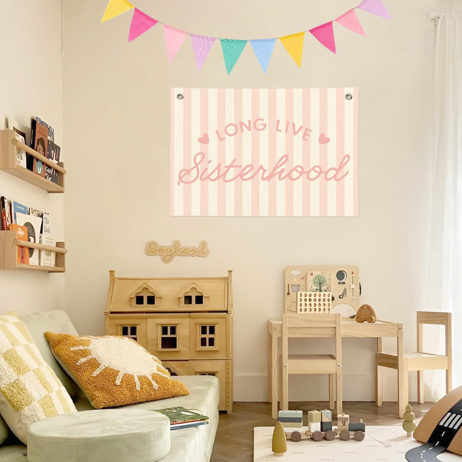 BOQTMK Preppy Long Live Sisterhood Girls Room Decor Set, Pink Striped Linen Banner Flag 30x20 Inch+Colorful Triangle Flag 4m 12Pcs, Wall Hanging Decor for Girly Nursery Toddler Playroom Bedroom Dorm