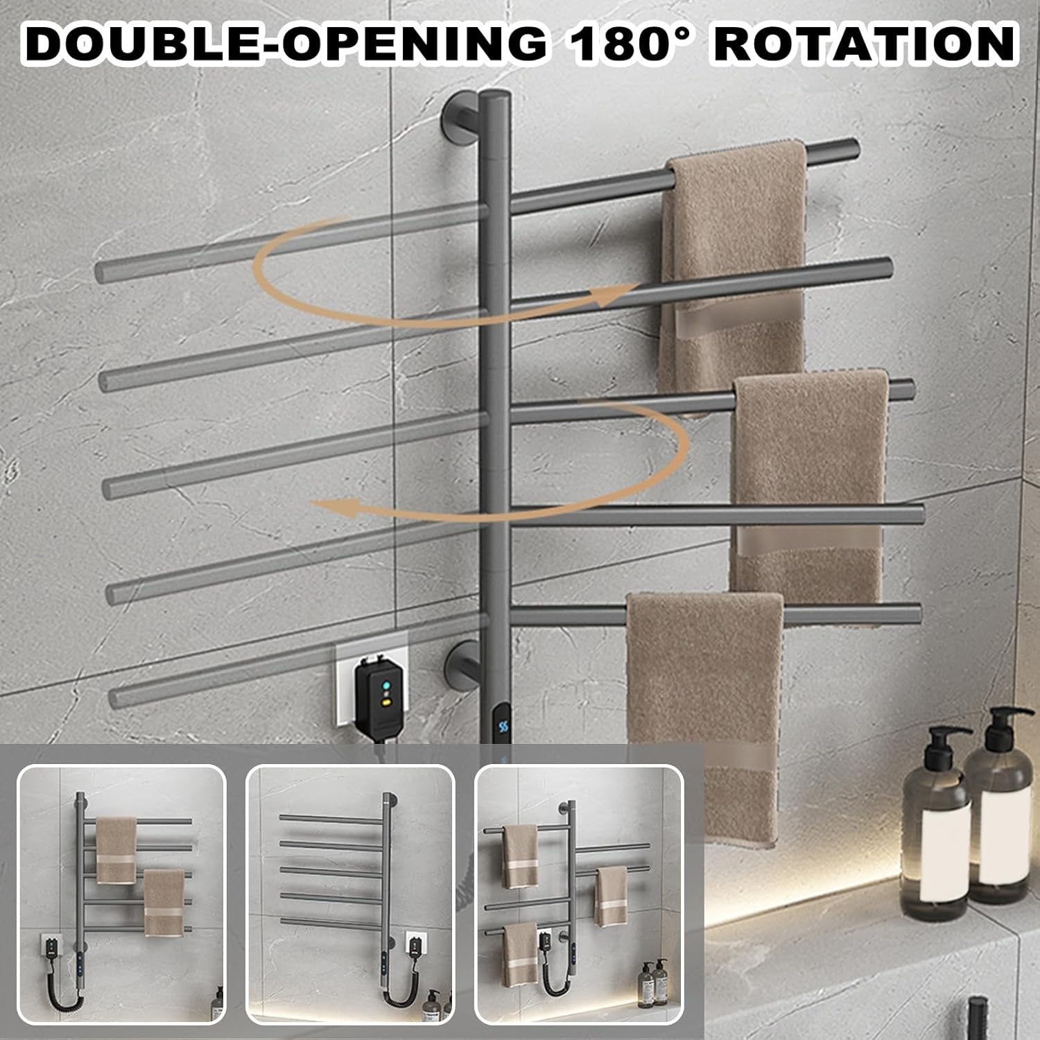 Swivel Electric Towel Warmer Rack for Bathroom - 180° Wall Mounted Heated Towel Racks 5 Bars Stainless Steel with LCD Display (Grey) - Perfect for Cozy Comfort