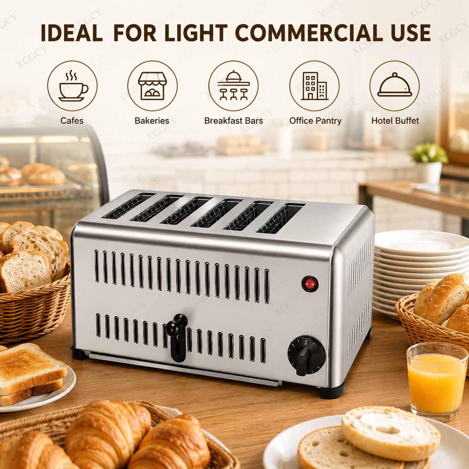 Tostadora De 6 Rebanadas, Máquina De Pan Comercial, Tostadora Comercial con Temporizador 1-5 Min, Acero Inoxidable De Mostrador, Ranuras Anchas para Restaurantes Y Panaderías Slot 2cm