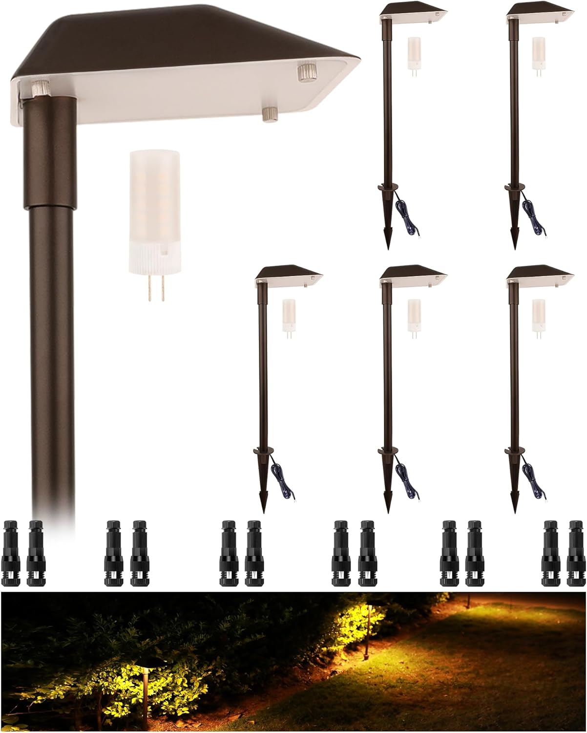 Landscape Path Lights Low Voltage, 12V Wired Outdoor Landscape Pathway Lighting for Outside Yard Walkway Driveway with Replaceable 5W 3000K Warm White LED G4 Bulb, Aluminum, Bronze, 6PK