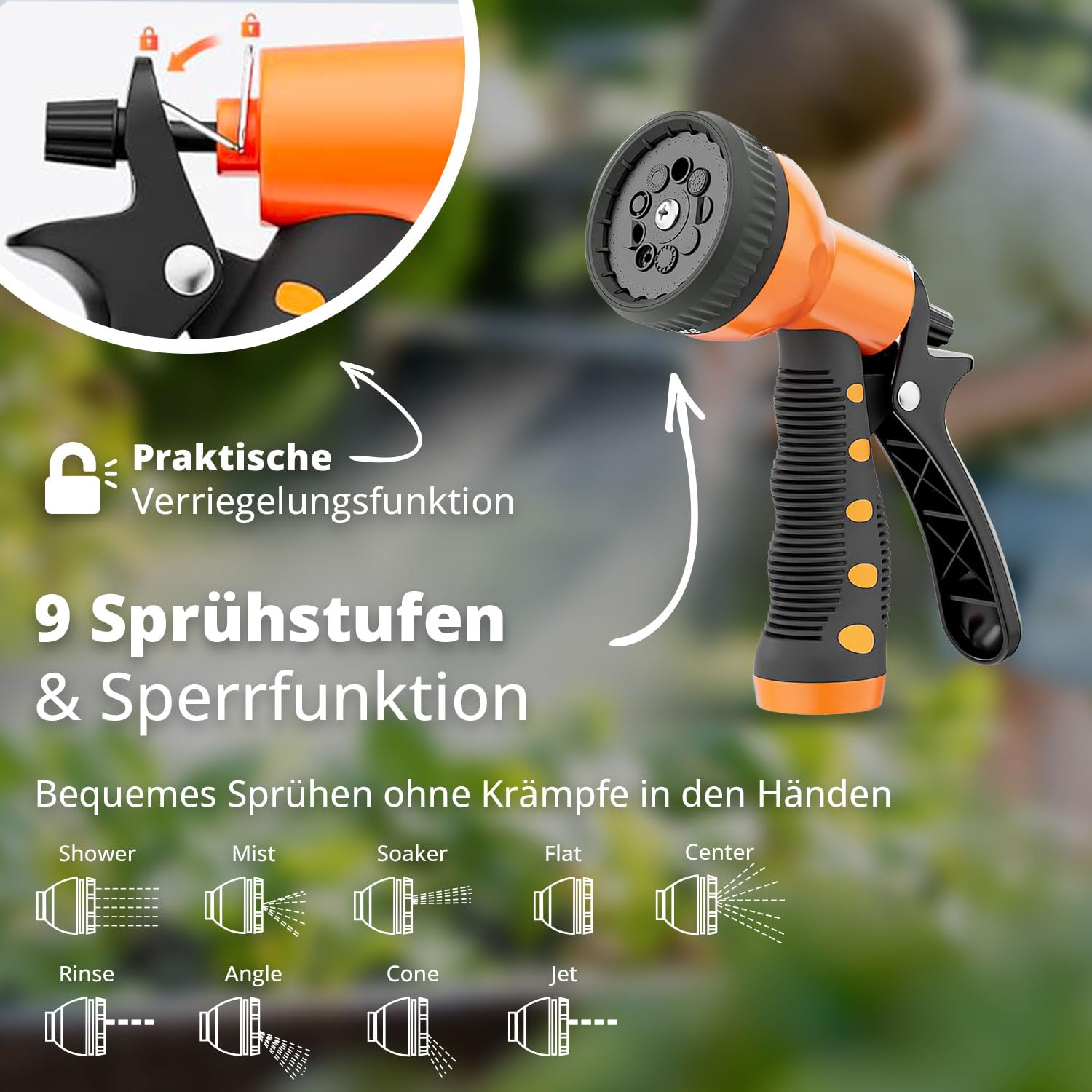 FlinQ 20m Schlauchtrommel Wandmontage - Orange | Gartenschlauch Trommel Automatik 180° Schwenkbar - Schlauchaufroller Wasser mit 9 Funktionen Sprühkopf