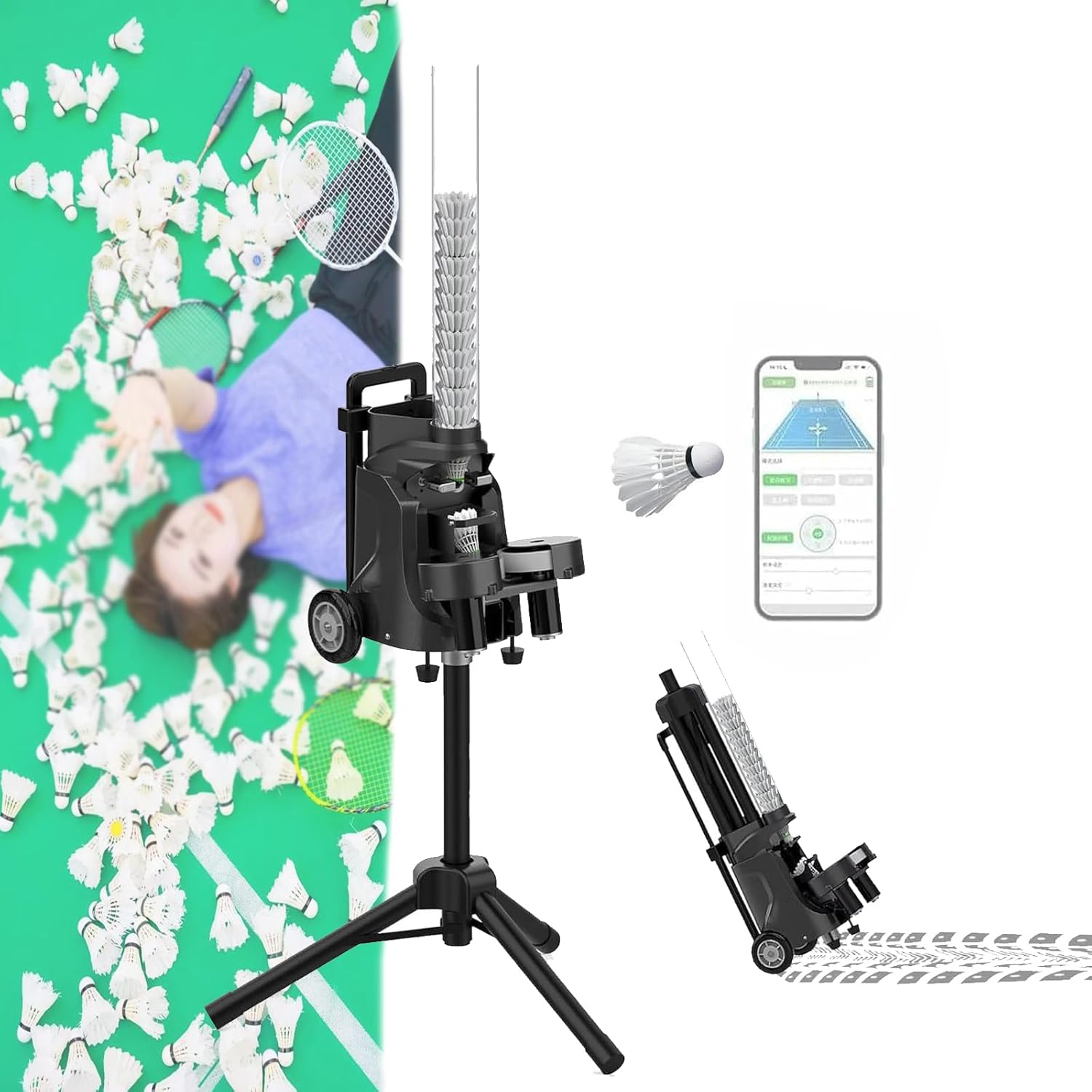 Intelligent Badminton Serve Machine, Badminton Machine, Smart APP Control, Rechargeable Battery (4-6H) + Bracket Adjustable (18-125cm), Serving Height Up 7 M, for Practice