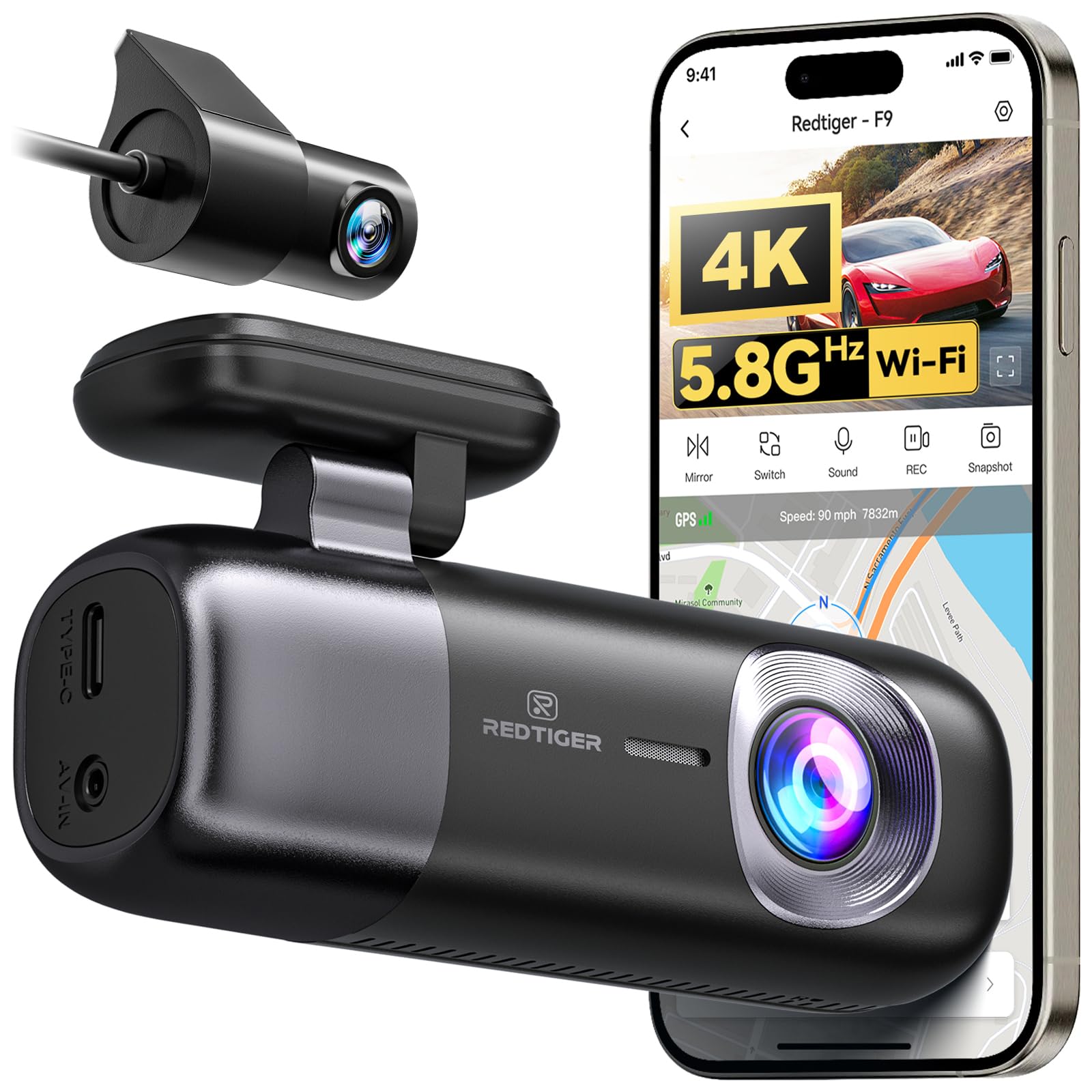 REDTIGER F9 Dash Cam 4K Front and Rear 1080P, 5.8GHz WiFi GPS Car Camera with APP Control, Dual Dash Camera for Cars, Loop Recording, WDR Night Vision, Parking Mode(SD Card Not Included) F9 Front and Rear