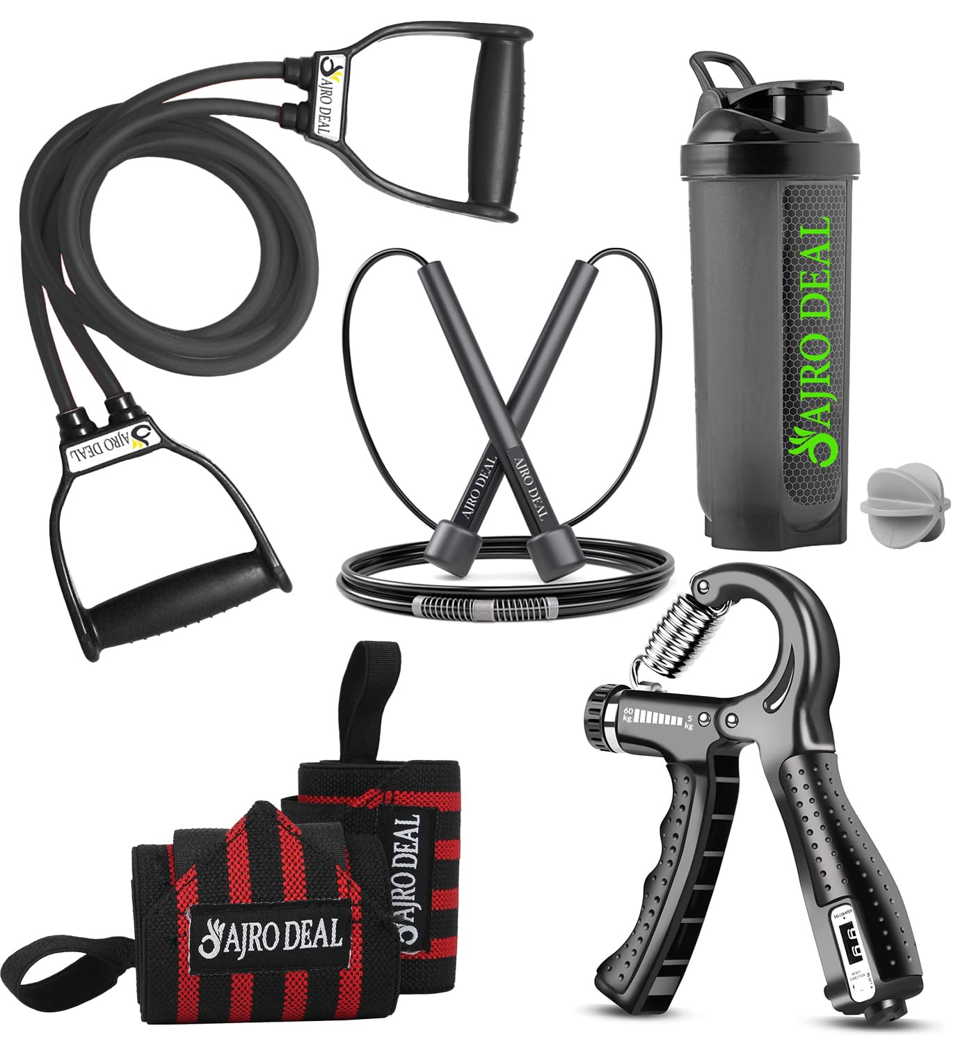 AJRO DEAL All-in-One 5-in-1 Home Gym Kit: Hand Grip, Skipping Rope, Shaker, Wrist Band & Resistance Tube-image-30