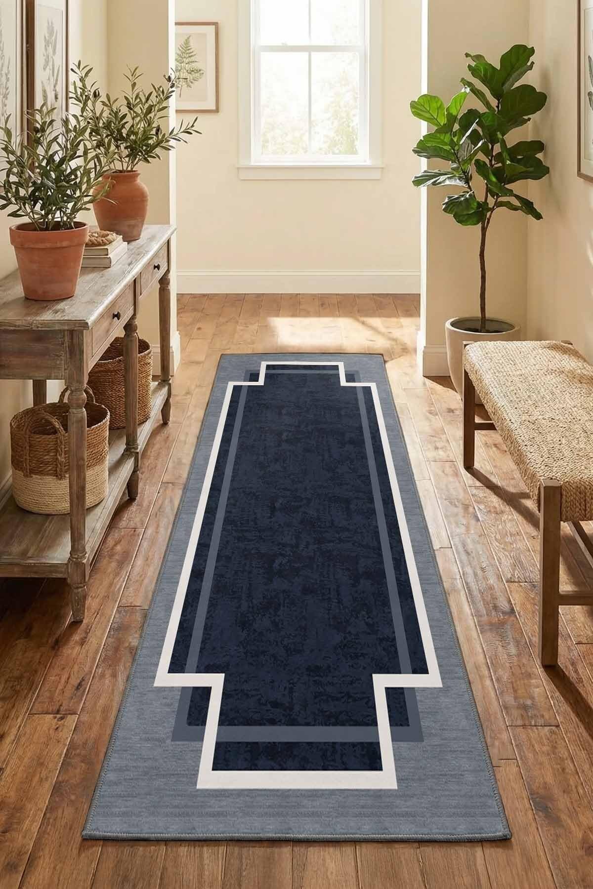 Monnhein Lacivert Yolluk 1249-3 - Yıkanabilir, Kaymaz Taban, Dijital Baskılı, Leke Tutmaz, İnce Hav, Modern Koridor, Mutfak, Antre ve Salon için Dekoratif Yolluk