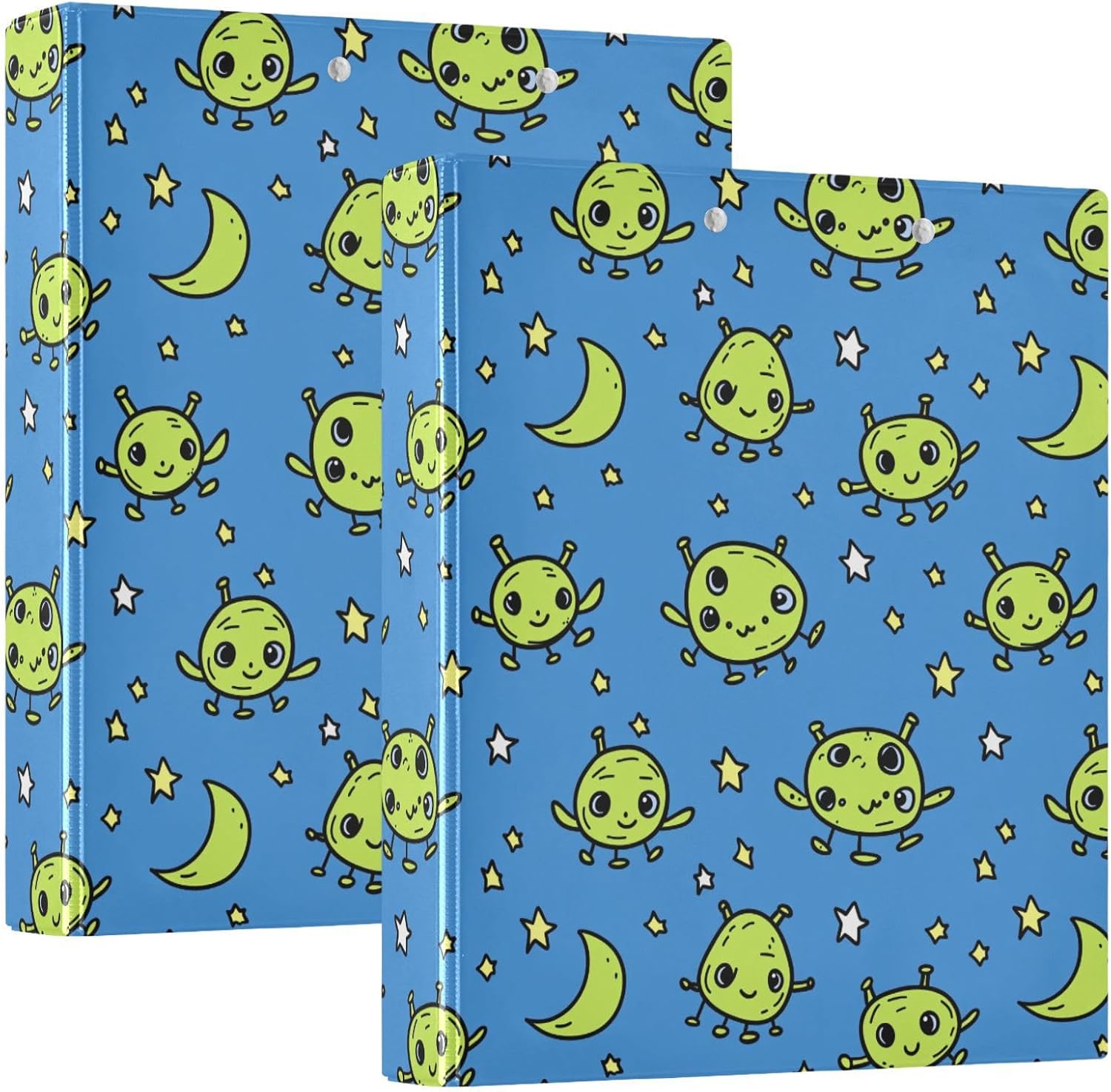 Green Alien with Stars and Moon 3 Ring Binder 1.5" Decorative D-Ring Binder with Clipboard&3 Clear Pockets, Holds 200 Sheets A4 Size Paper Waterproof Binders for School Home Office|2 Pack