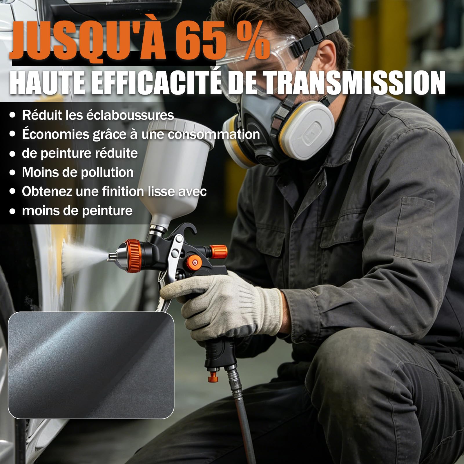 Pistolet à peinture professionnel HVLP avec buses de 1,4/1,7/2,0/2,5 mm, capacité de 600 ml et manomètre, idéal pour peintures de voiture, apprêts, vernis transparents, vernis de finition (orange/noir