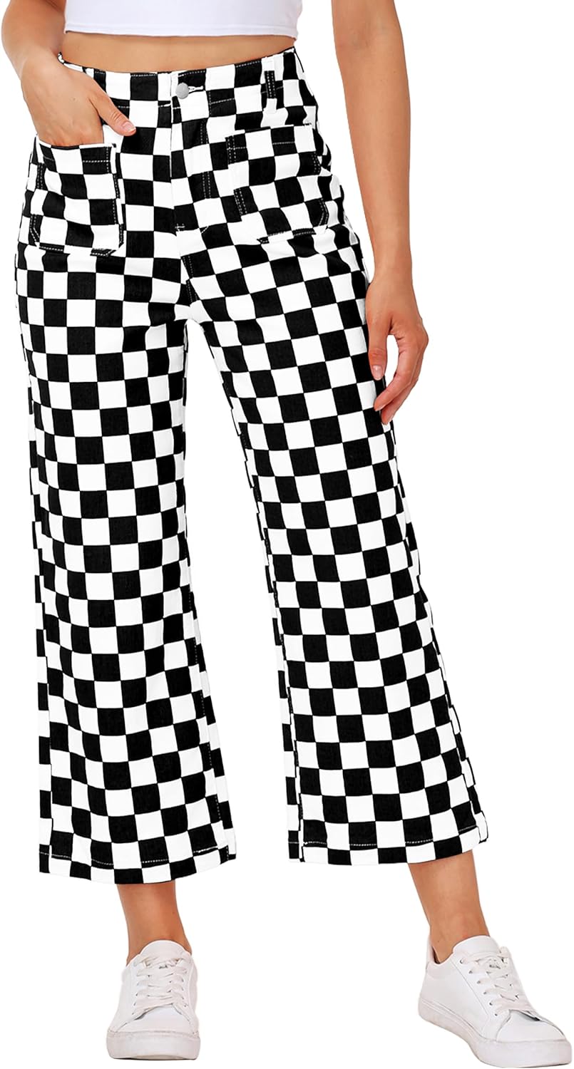 Women Checkered Cropped Jeans Straight Leg Stretchy Denim Pants with Pockets - Image 4
