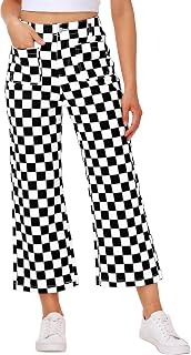 Women Checkered Cropped Jeans Straight Leg Stretchy Denim Pants with Pockets