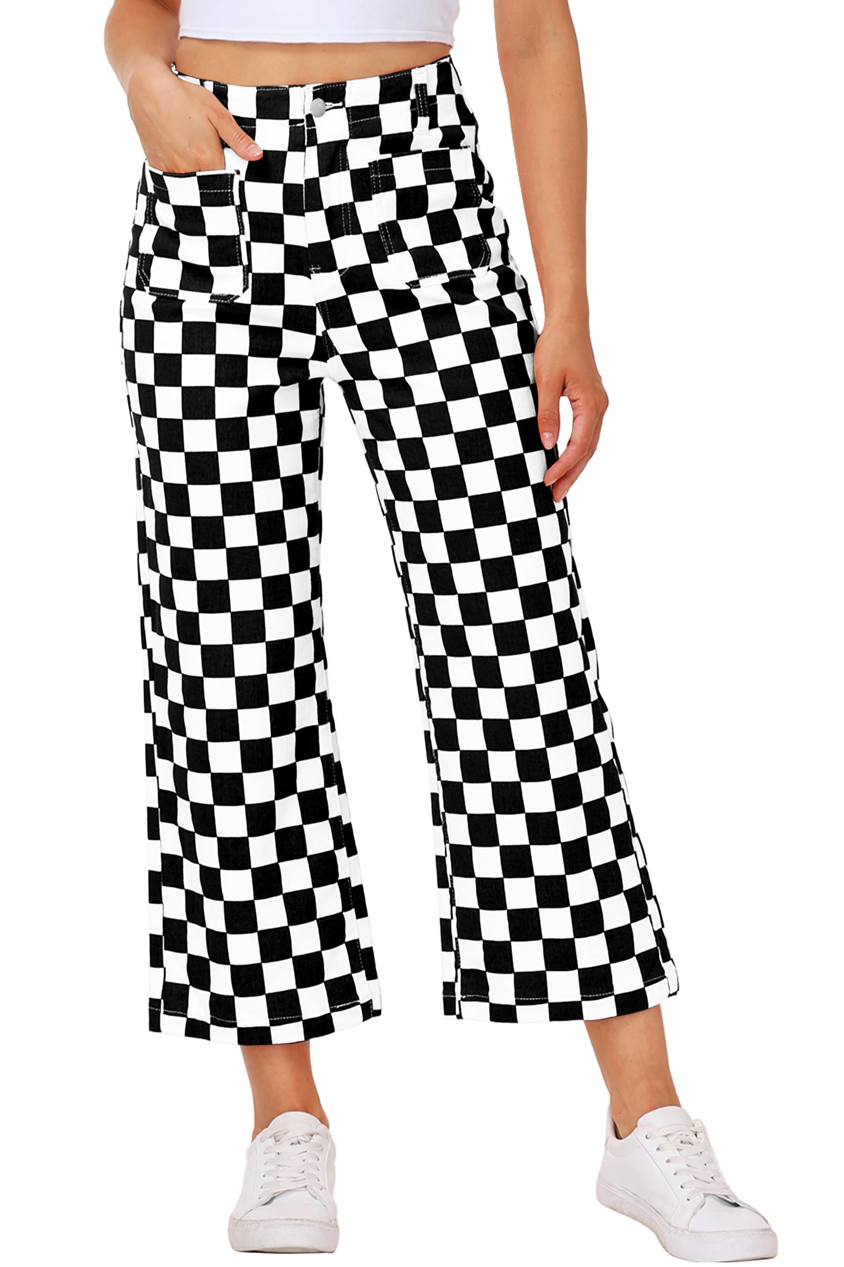 Photo 1 of Womens Black White Checkered Jeans Summer Vintage Wide Leg Denim Trousers Race Day Classic 7/8 Length Bottom Jeans XL