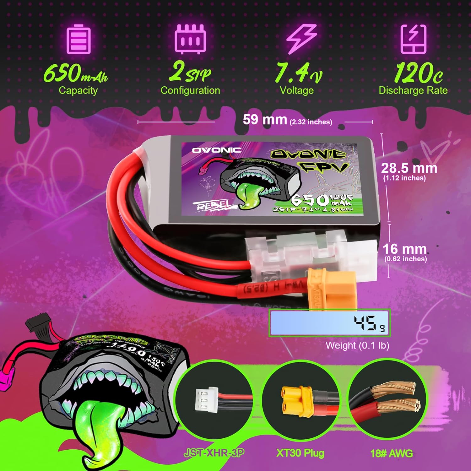 OVONIC 2S 650mAh Lipo Battery 7.4V 120C Battery with XT30 Plug for RC Car Truck RC Vehicles Boat Drone RC Airplane Quadcopter Helicopter FPV Racing Hobby Models [1 Package Including 2 Batteries]