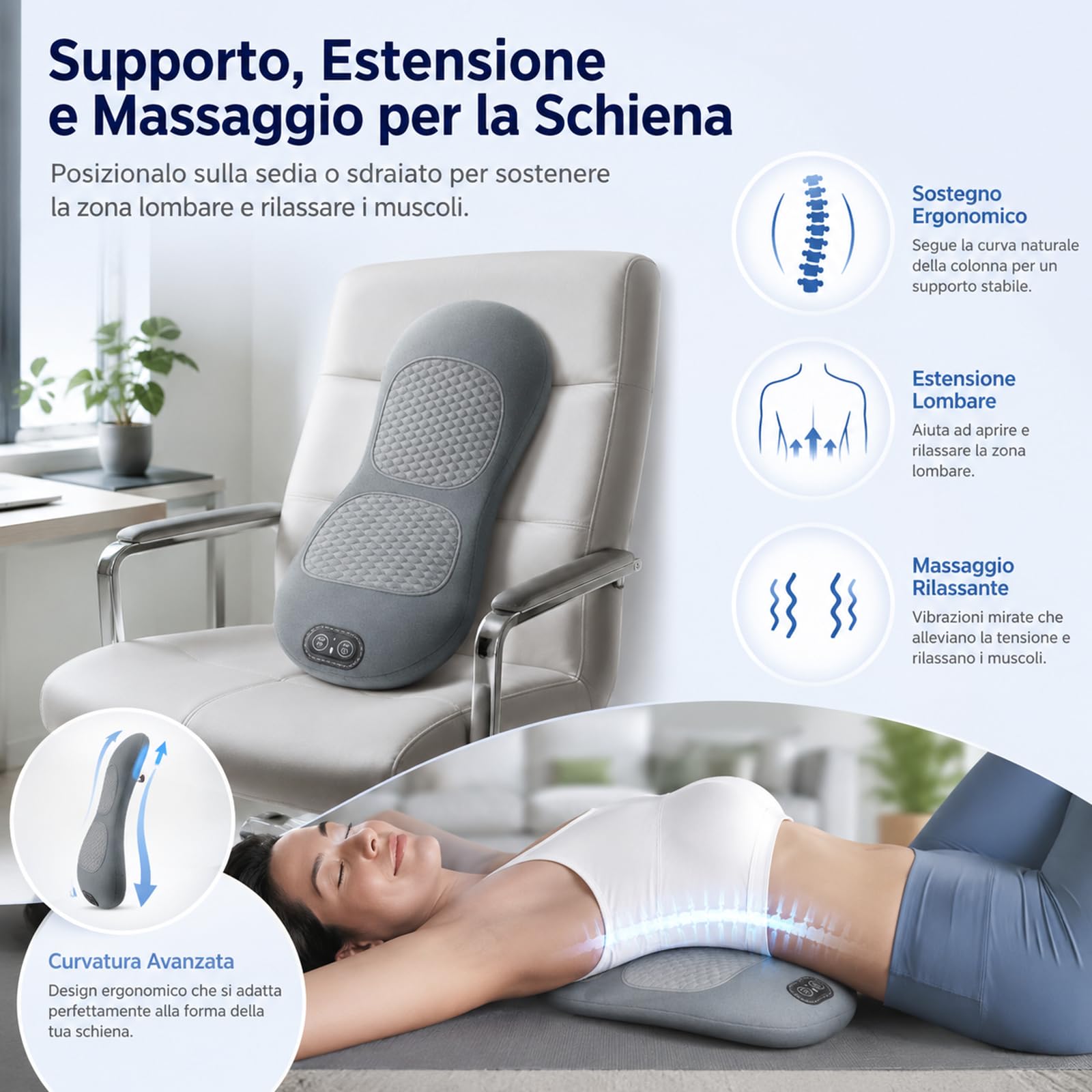 Dorsanova Massaggiatore Schiena Supporto per Trazione Lombare - Cuscino Ergonomico per Stretching e Benessere della Colonna Vertebrale, Dispositivo per Relax Muscolare a Casa e in Ufficio (Grigio)