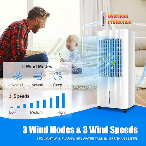 Miniatura 3 de PETSITE Enfriador de aire evaporativo, ventilador de refrigeración portátil con control remoto, 3 modos de viento, 3 velocidades de viento,