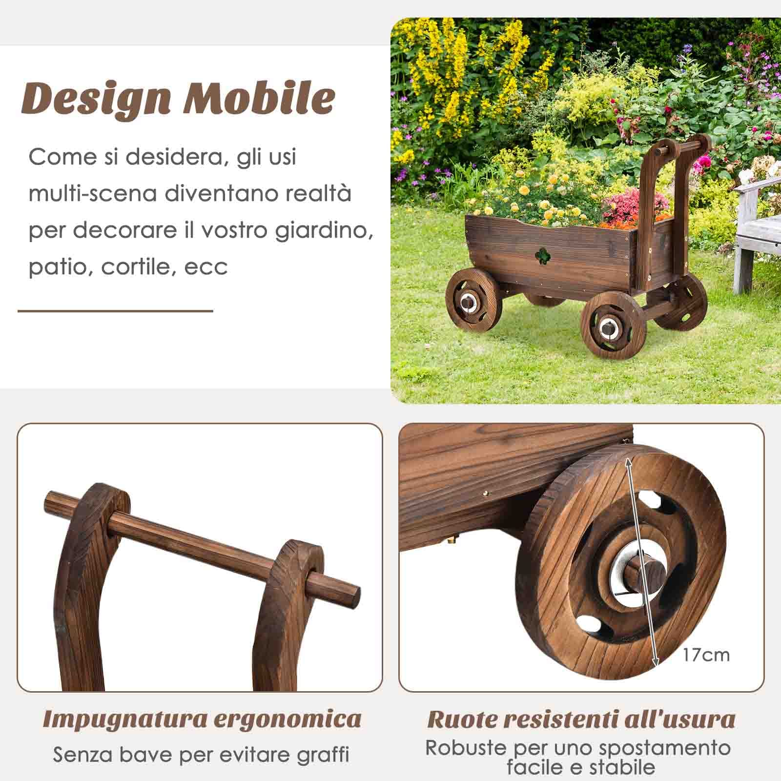 COSTWAY Fioriera da Esterno in Legno a Forma di Carrello | Carriola Portafiori da Interno ed Esterno con 4 Ruote, Maniglia e Foro di Drenaggio, per Patio, Giardino e Balcone