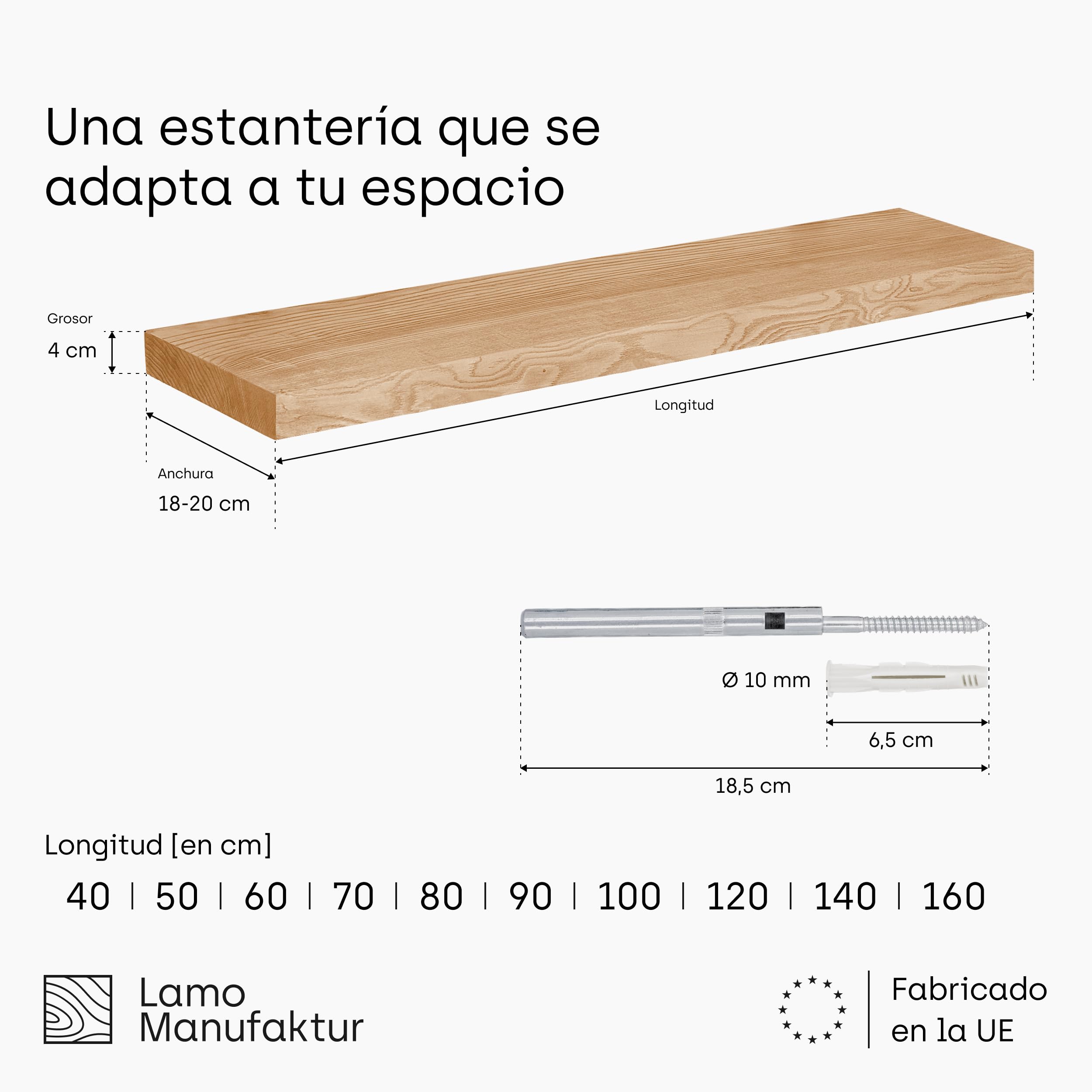 LAMO Manufaktur Estantería Flotante Pared de Madera con fijación Invisible | estanteria 40 cm Ancho para baño, Pasillo, Cocina | Color: Rustico, Borde: Recto | Madera Maciza, diseño Moderno