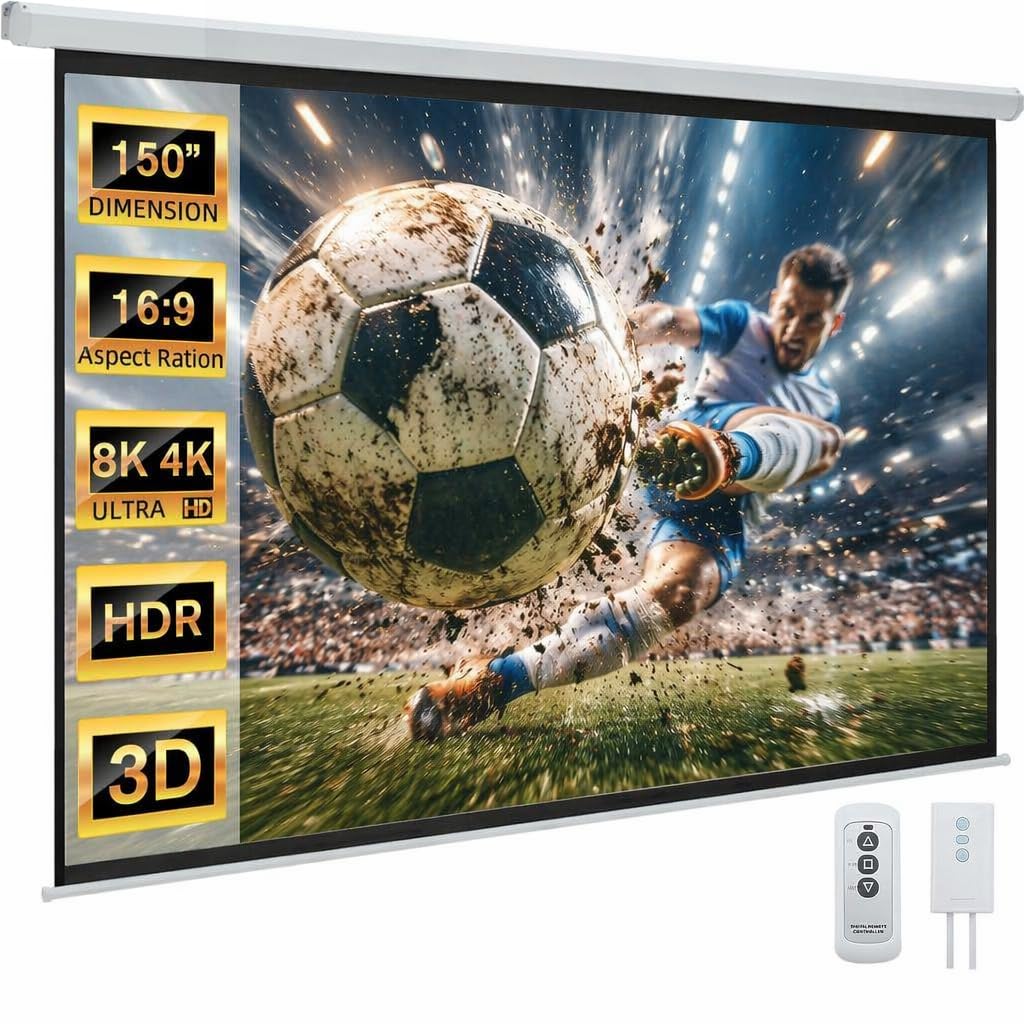 Photo 1 of YODOLLA 150" Projector Screen Motorized 16:9, 4K HD Pull Down Retractable Projection Screens Electric Automatic Wall Ceiling Movie Screen for Office Classroom Indoor with Remotes
